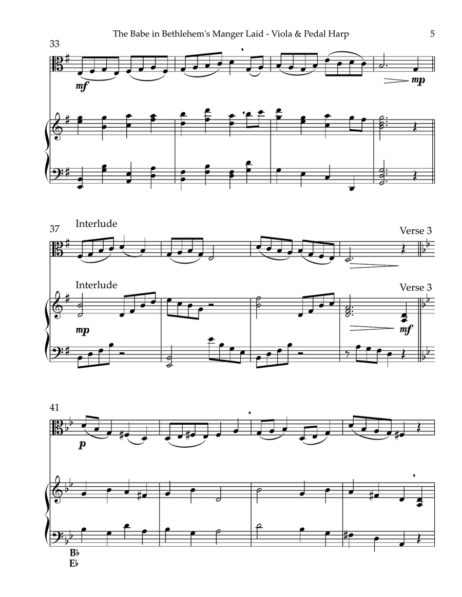 The Babe In Bethlehem’s Manger Laid, Duet for Viola & Pedal Harp String Duet scores gallery preview page 5