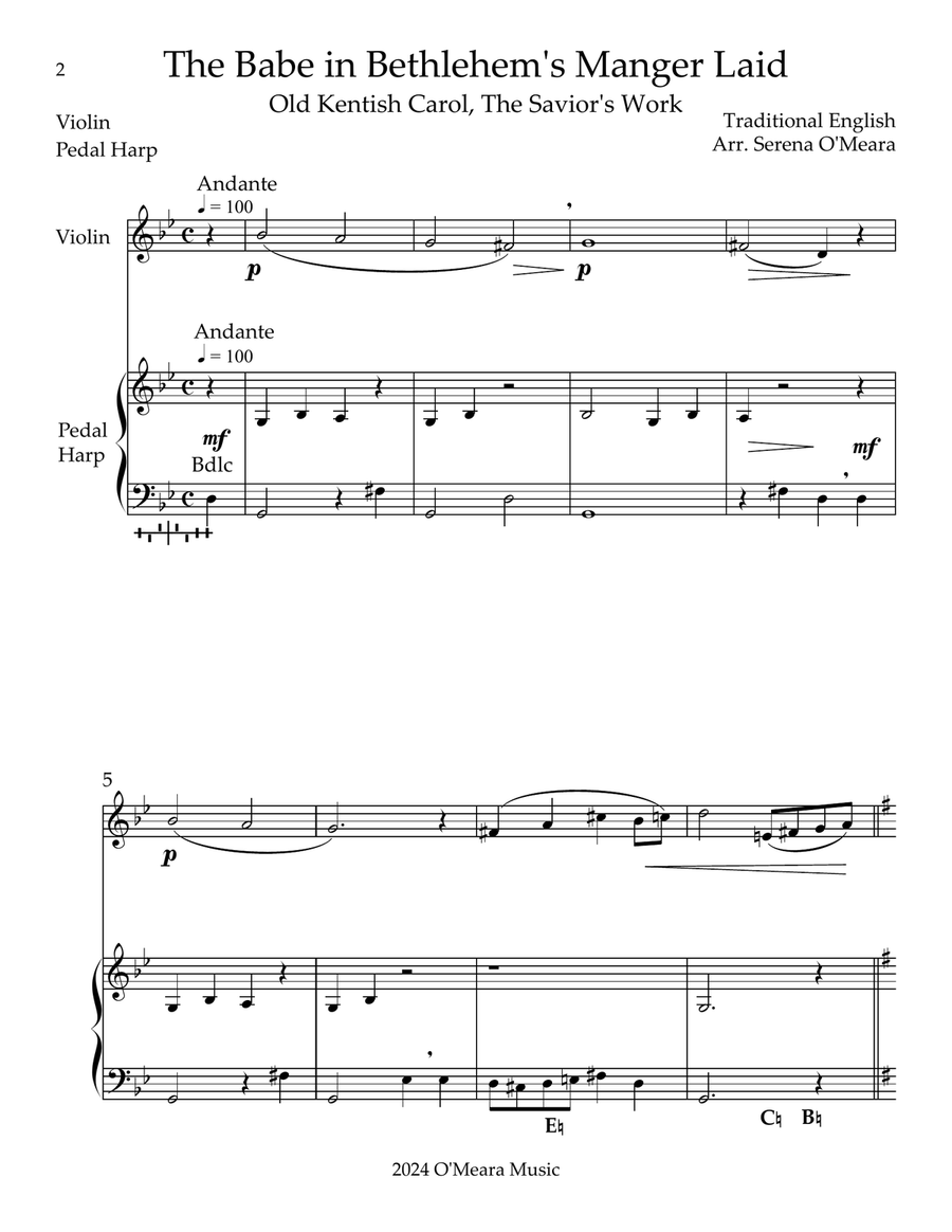 The Babe In Bethlehem’s Manger Laid, Duet for Violin & Pedal Harp String Duet scores gallery preview page 2