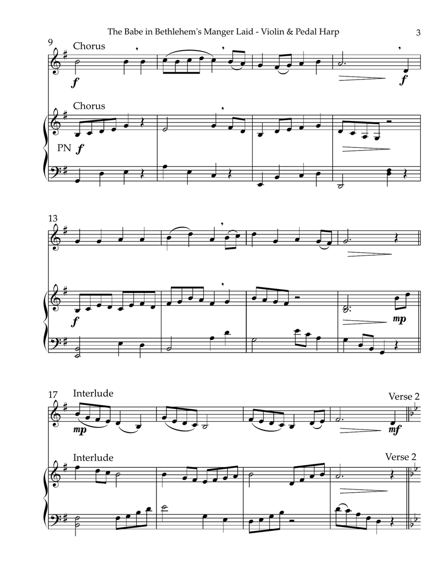 The Babe In Bethlehem’s Manger Laid, Duet for Violin & Pedal Harp String Duet scores gallery preview page 3