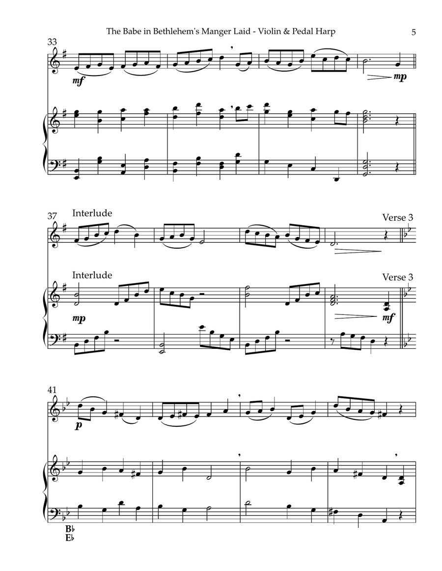 The Babe In Bethlehem’s Manger Laid, Duet for Violin & Pedal Harp String Duet scores gallery preview page 5