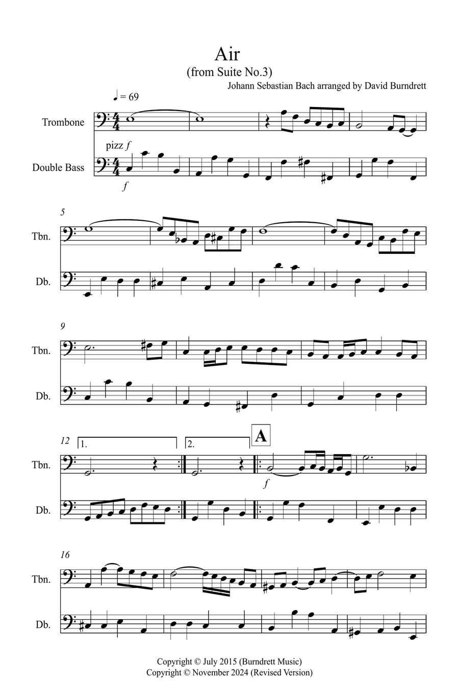 Air on a G String for Trombone and Double Bass Duet Trombone scores gallery preview page 1