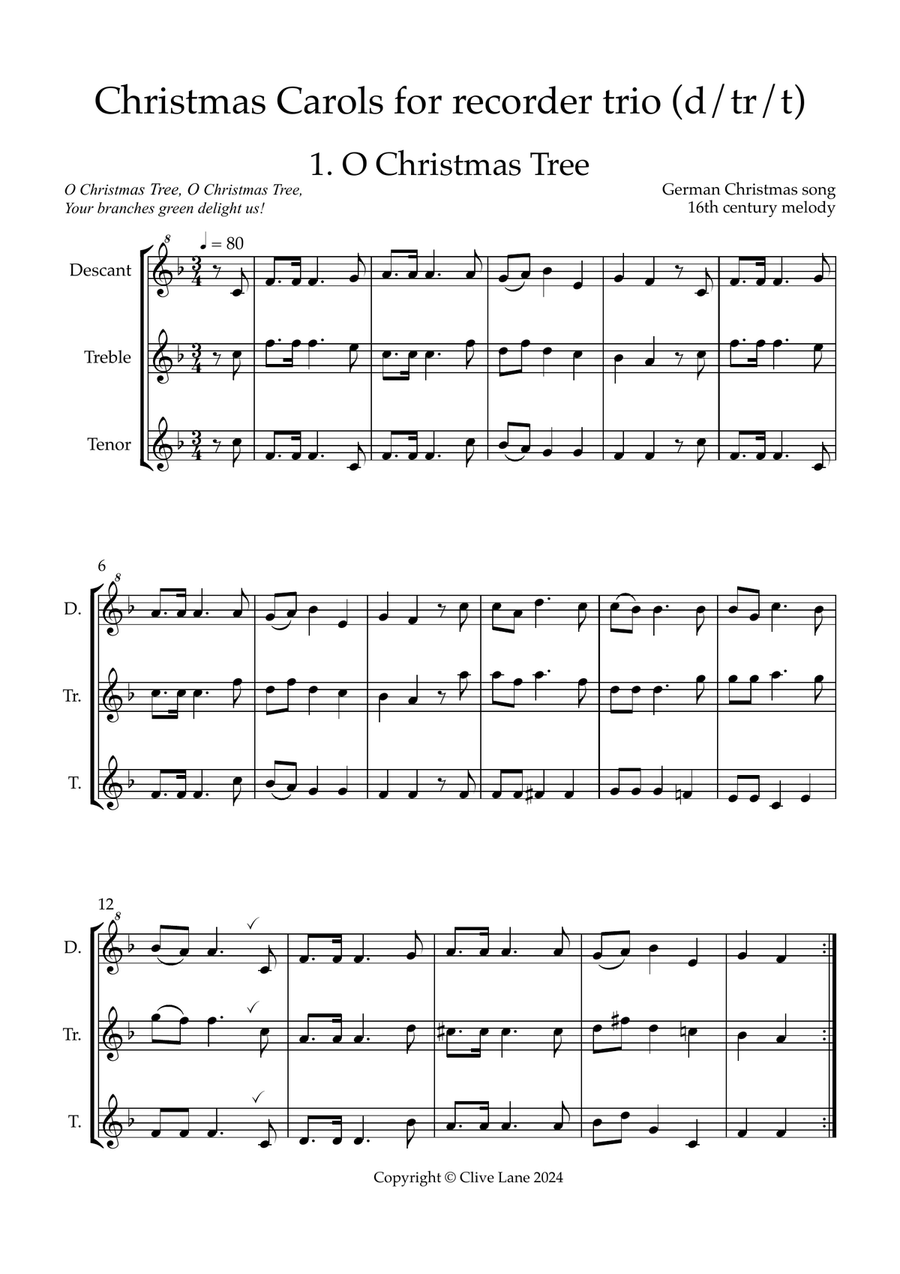 Christmas Carols for recorder trio (d/tr/t/b) Soprano Recorder scores gallery preview page 3