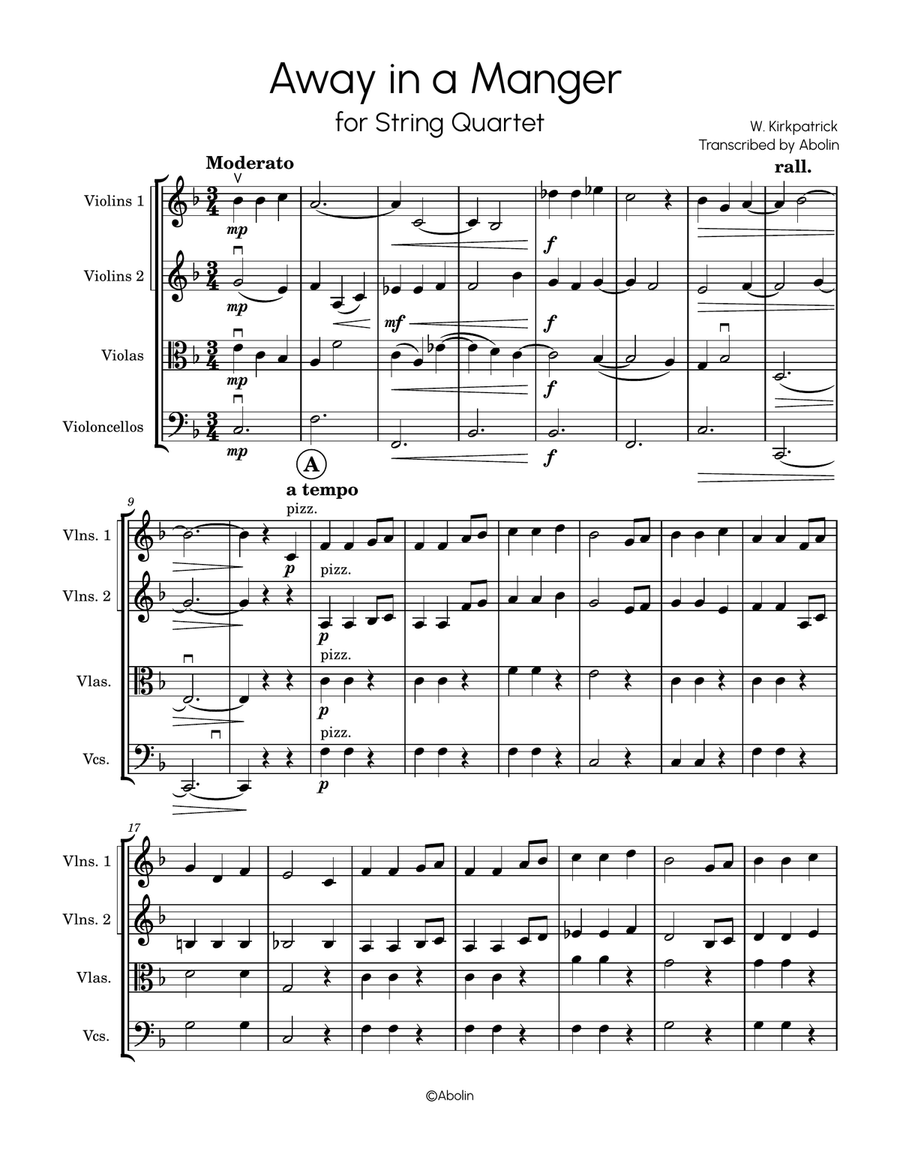 Away in a Manger (Kirkpatrick) - arr. for String Quartet String Quartet scores gallery preview page 2