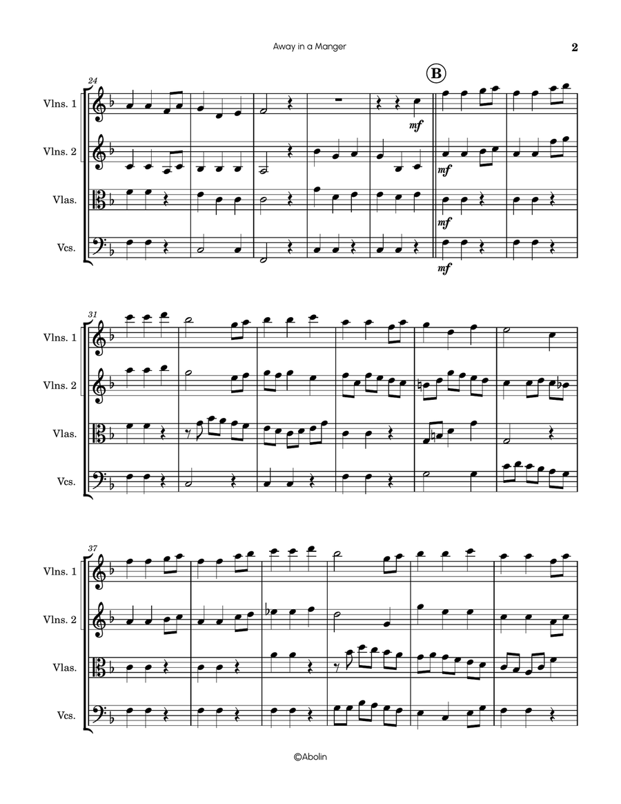 Away in a Manger (Kirkpatrick) - arr. for String Quartet String Quartet scores gallery preview page 3