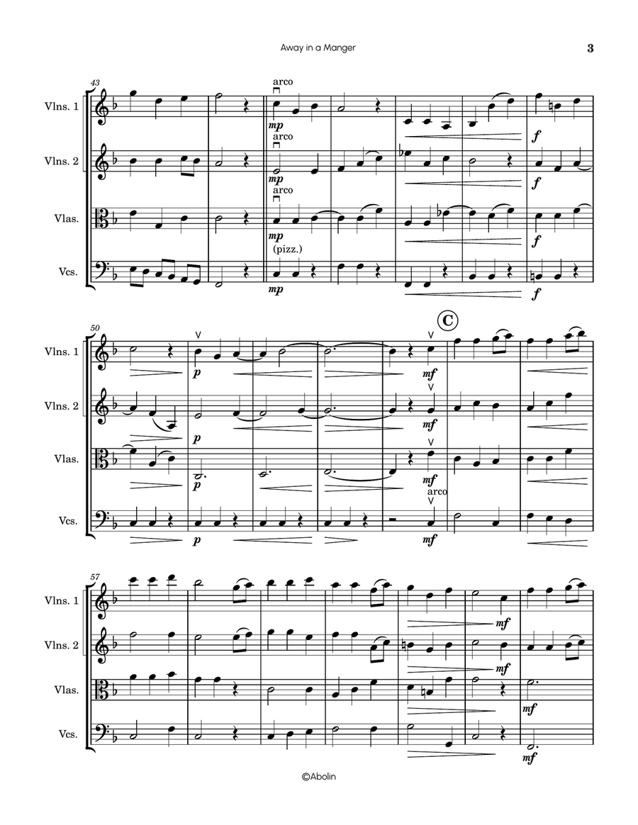 Away in a Manger (Kirkpatrick) - arr. for String Quartet String Quartet scores gallery preview page 4