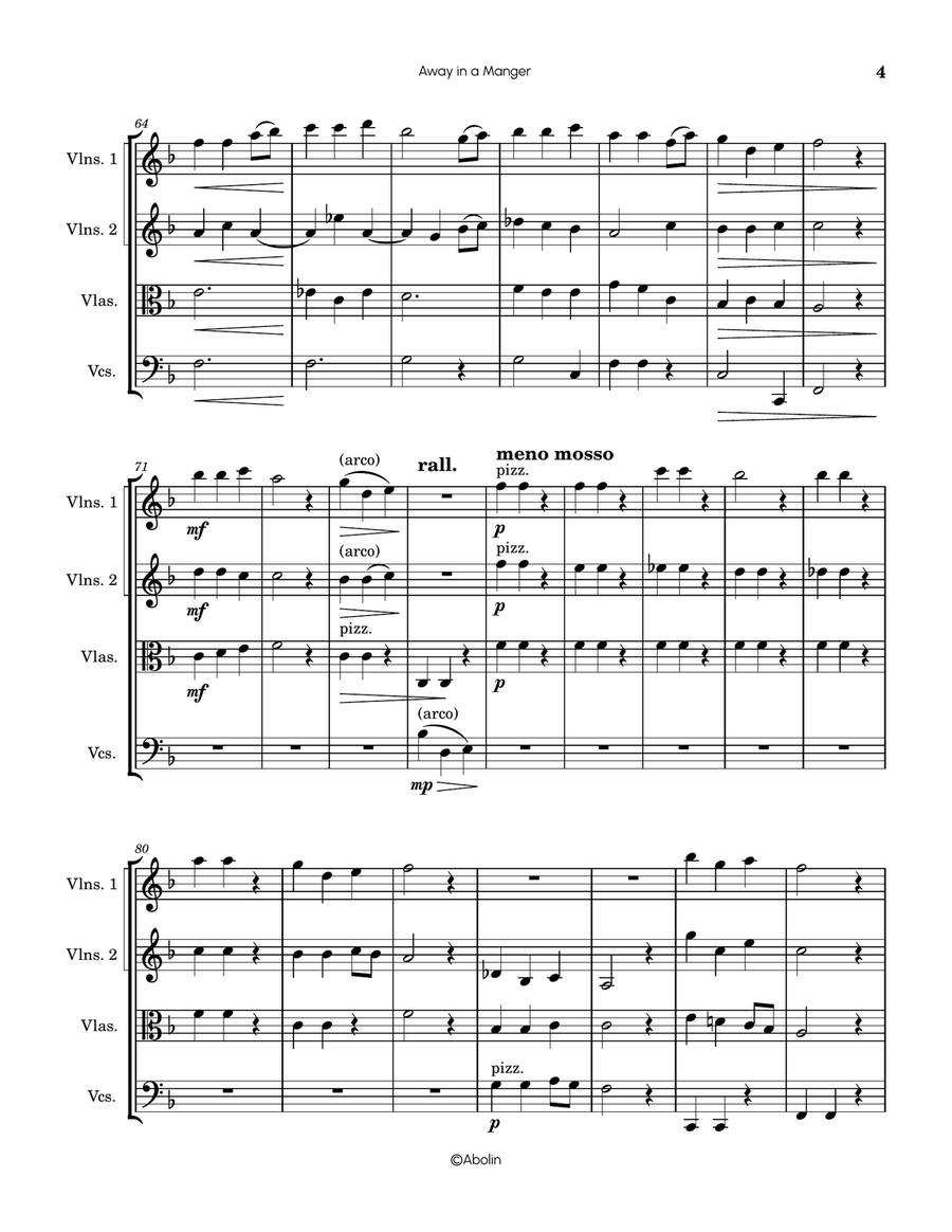 Away in a Manger (Kirkpatrick) - arr. for String Quartet String Quartet scores gallery preview page 5