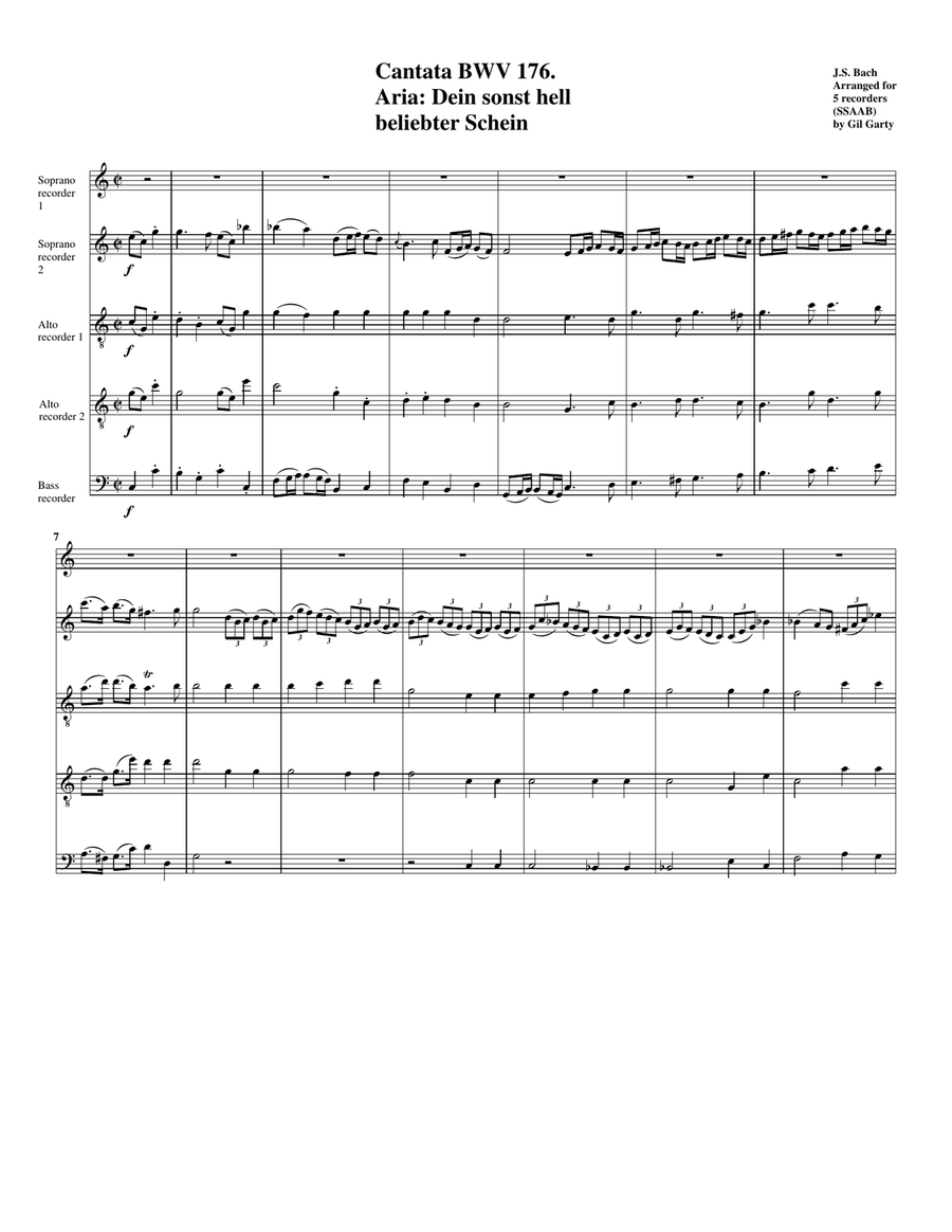 Aria: Dein sonst hell beliebter Schein from cantata BWV 176 (arrangement for 5 recorders) Soprano Recorder scores gallery preview page 2
