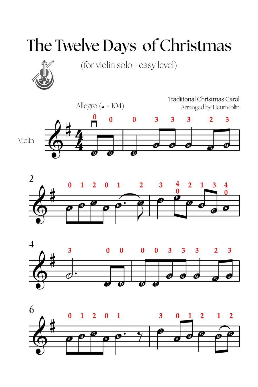 5 Joyful Christmas Carols (VIOLIN SOLO - EASY LEVEL) Violin Solo scores gallery preview page 5
