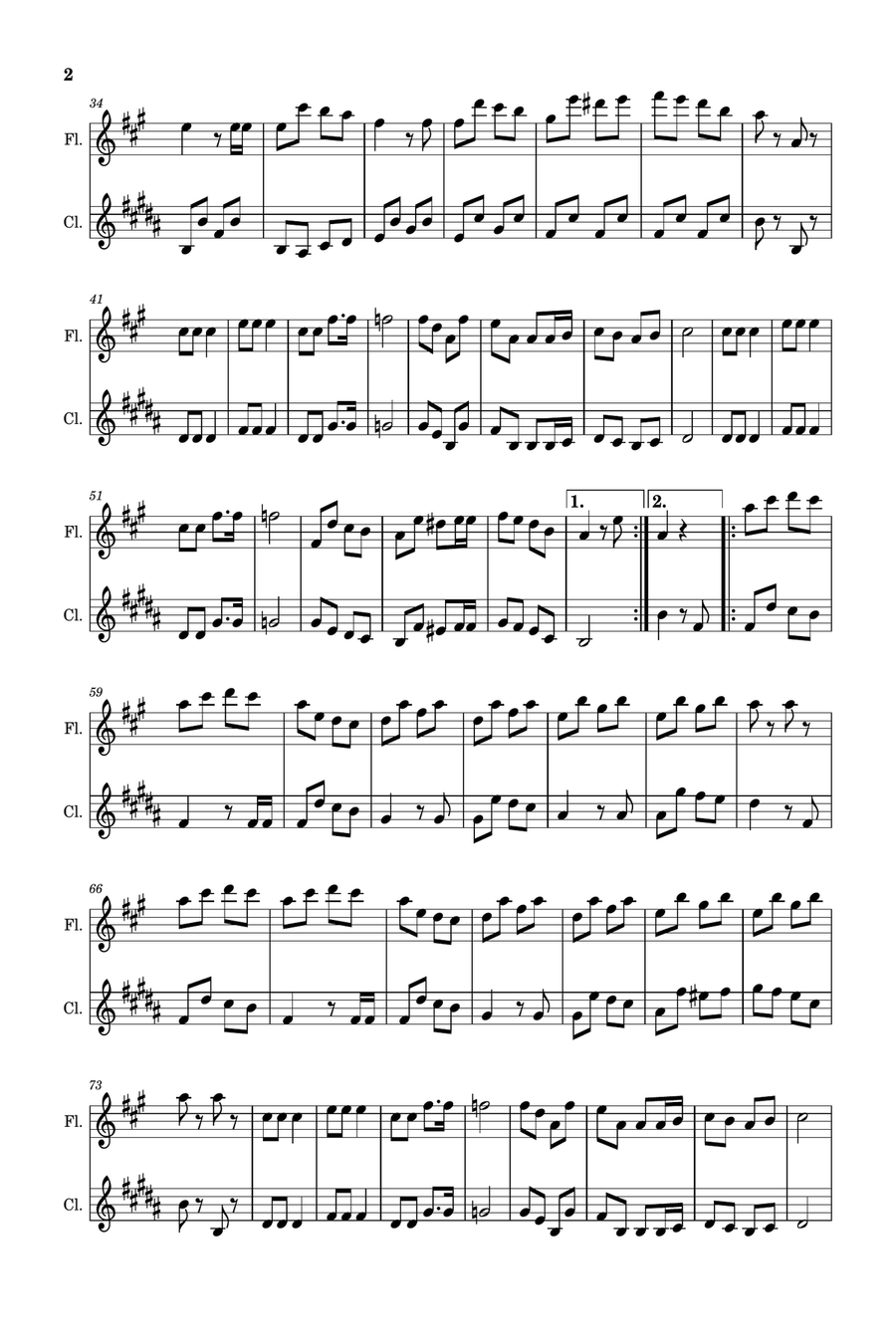 The One Horse Open Sleigh (Jingle Bells) - Arranged for Flute and Clarinet. Woodwind Duet scores gallery preview page 2