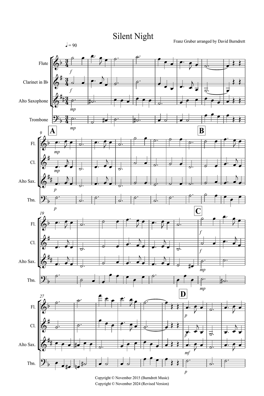 Silent Night for Flute or Clarinet, Alto Saxophone and Trombone Trio Small Ensemble scores gallery preview page 1