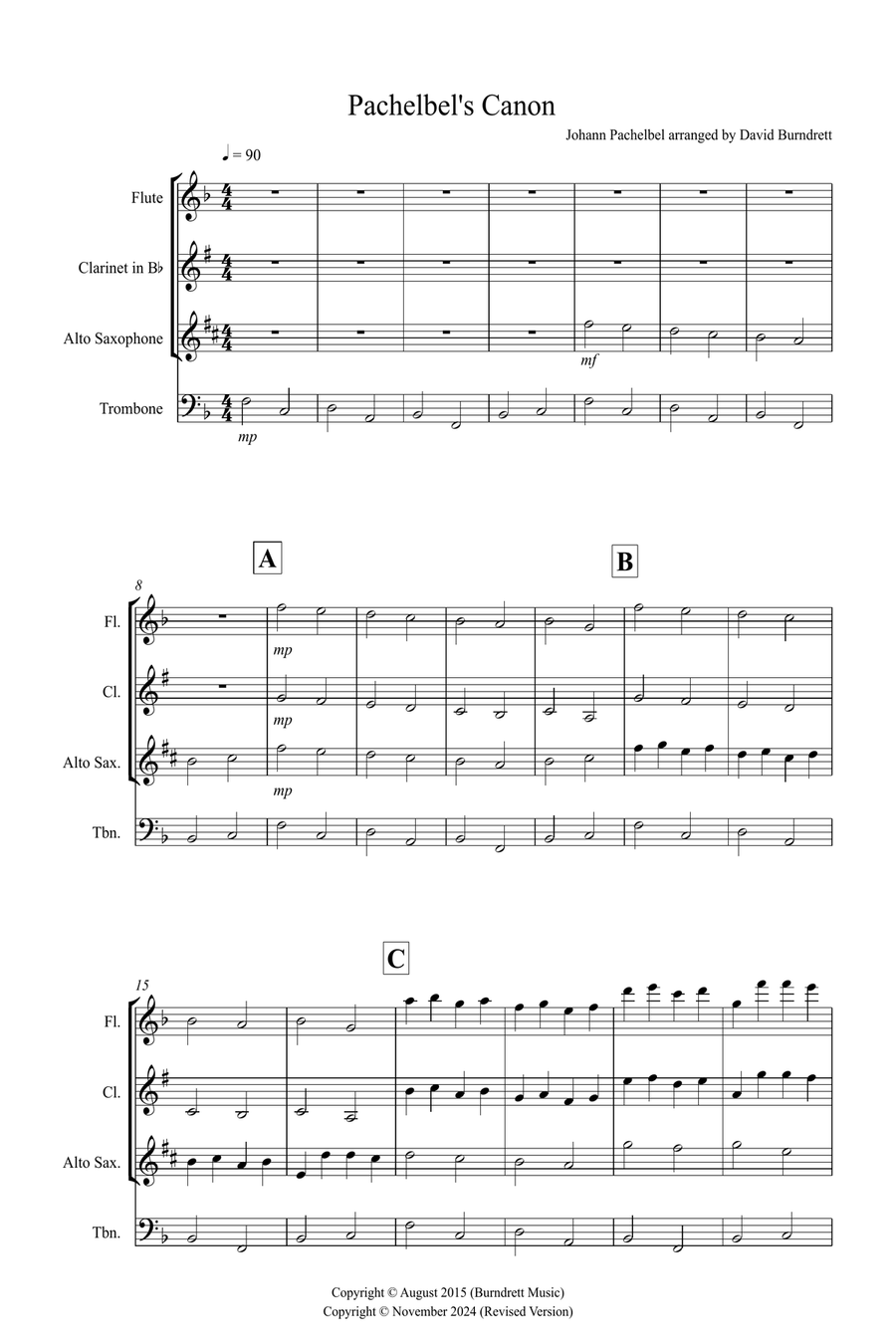 Pachelbel's Canon for Flute or Clarinet, Alto Saxophone and Trombone Trio Small Ensemble scores gallery preview page 1