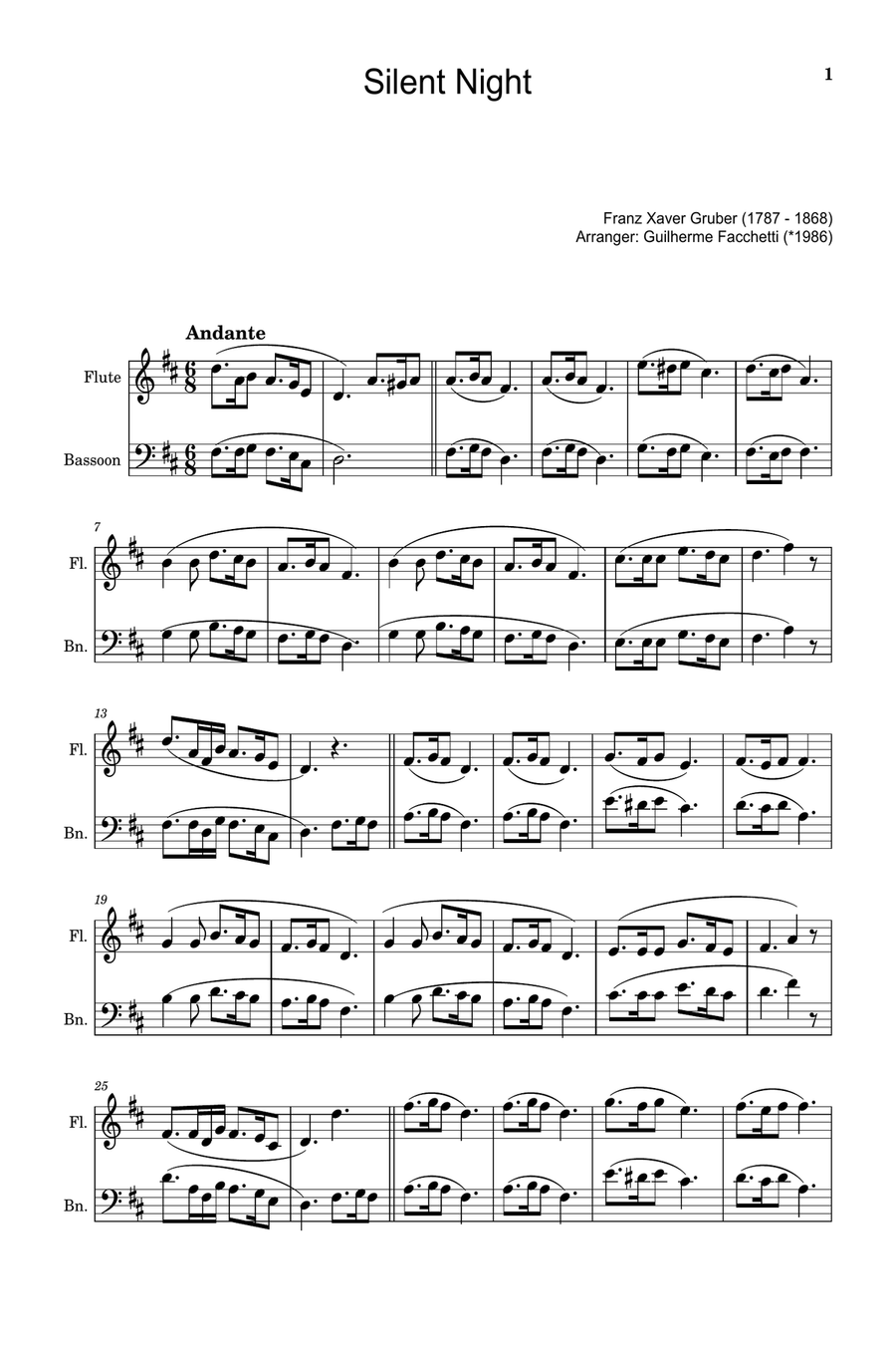 Silent Night - Arranged for Flute and Bassoon. Woodwind Duet scores gallery preview page 1