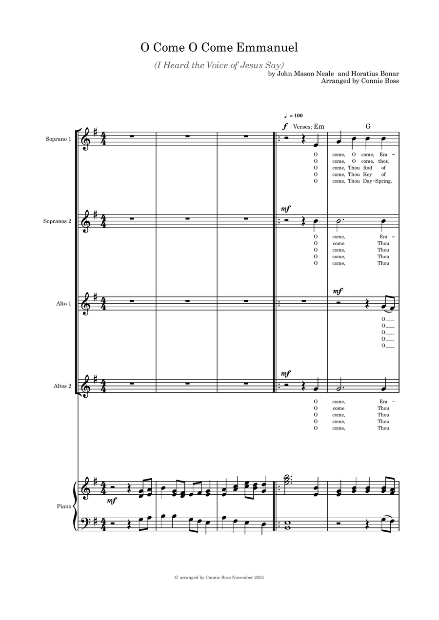 O Come O Come Emmanuel/I Heard the Voice of Jesus Say SSAA quartet and piano SSAA scores gallery preview page 1