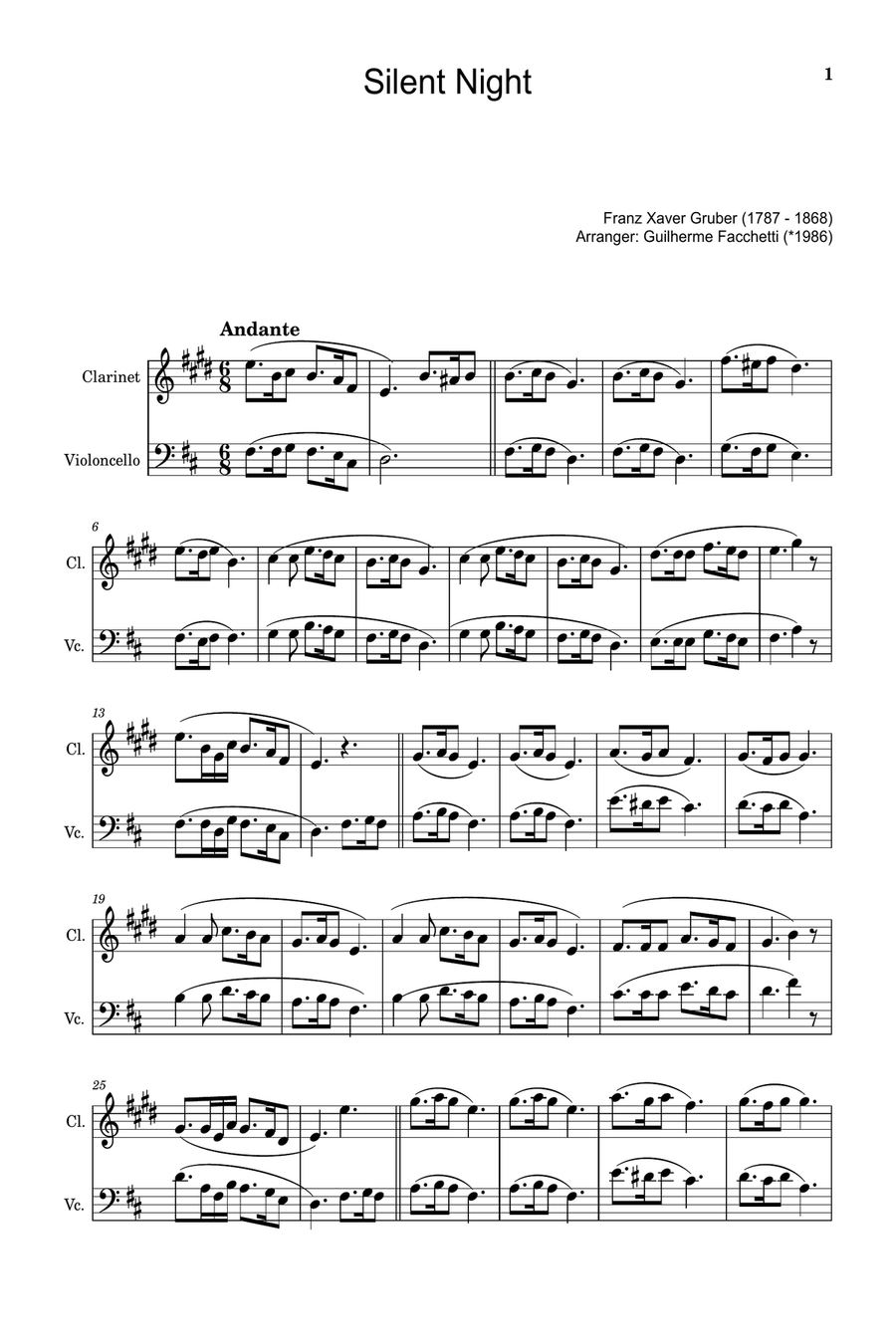 Silent Night - Arranged for Clarinet and Violoncello. Chamber Music scores gallery preview page 1