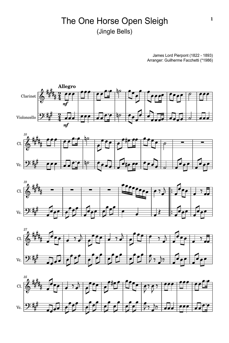 The One Horse Open Sleigh (Jingle Bells) - Arranged for Clarinet and Violoncello. Chamber Music scores gallery preview page 1