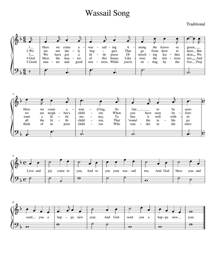 Wassail Song - Easy Piano With Lyrics Easy Piano scores gallery preview page 1