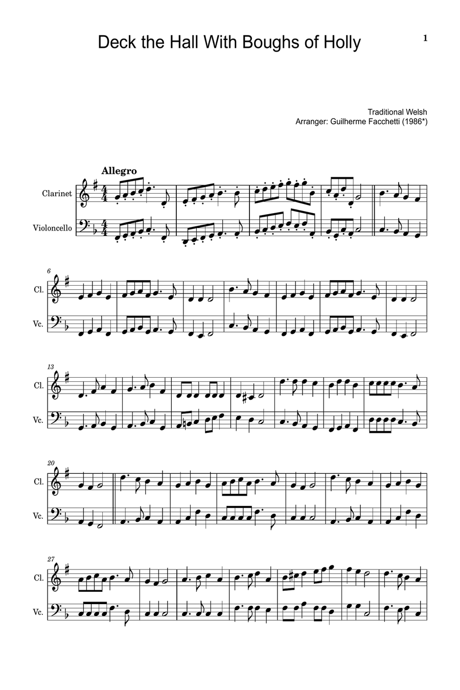Deck the Hall With Boughs of Holly - Arranged for Clarinet and Violoncello. Chamber Music scores gallery preview page 1