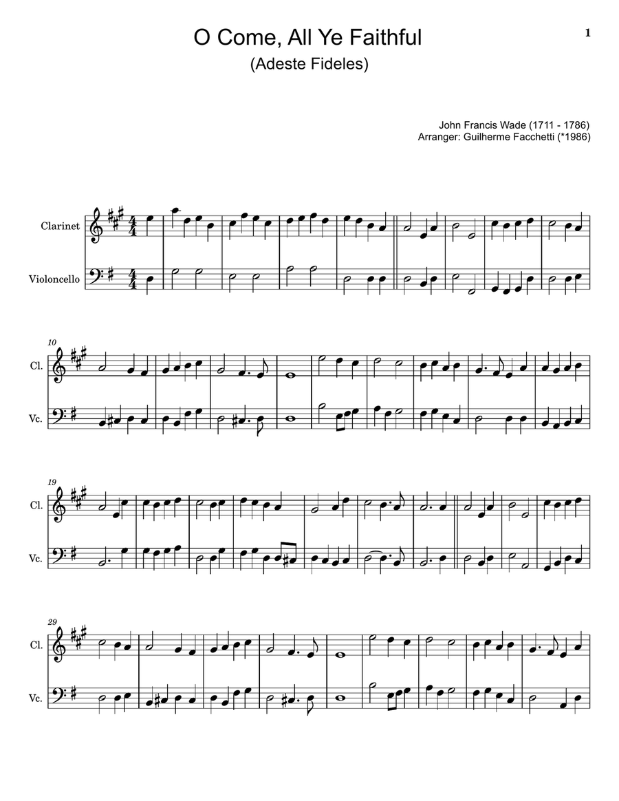 O Come, All Ye Faithful - Arranged for Clarinet and Violoncello. Chamber Music scores gallery preview page 1