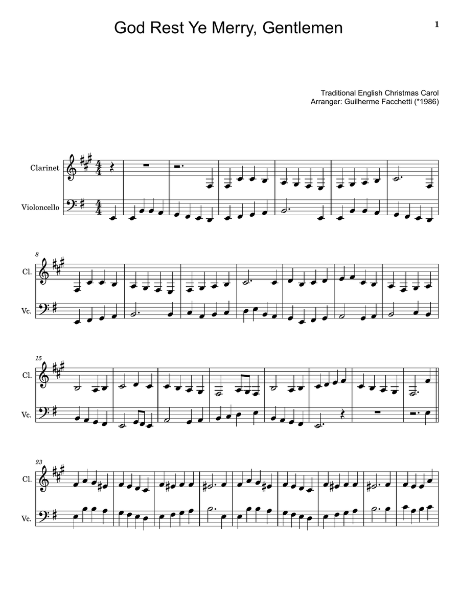 God Rest Ye Merry, Gentlemen - Arranged for Clarinet and Violoncello. Chamber Music scores gallery preview page 1