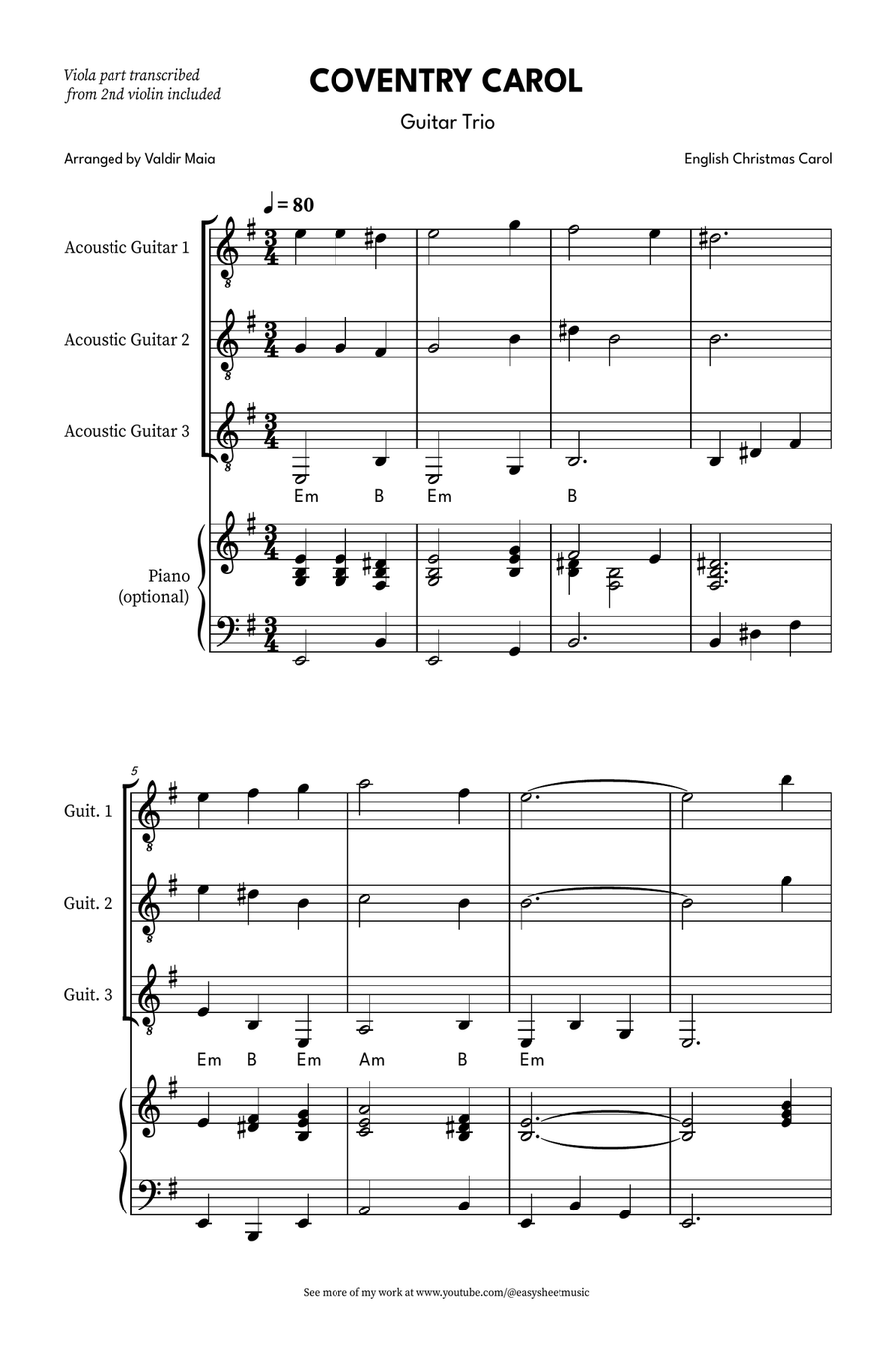 Coventry Carol for Guitar Trio (with Optional Piano Accompaniment) Guitar Ensemble scores gallery preview page 1