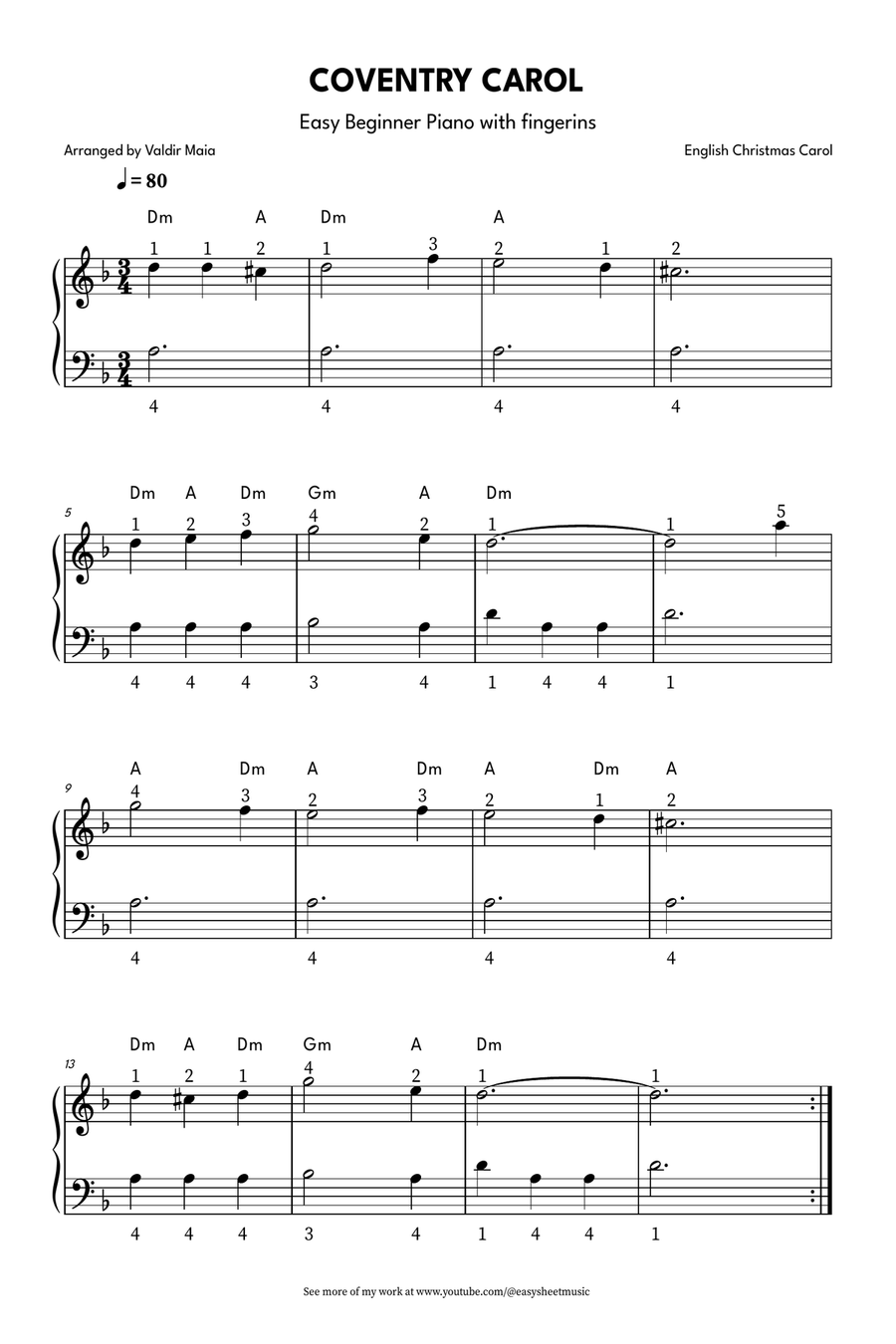 Coventry Carol for Easy Piano (with Fingerings) Piano, Vocal scores gallery preview page 1