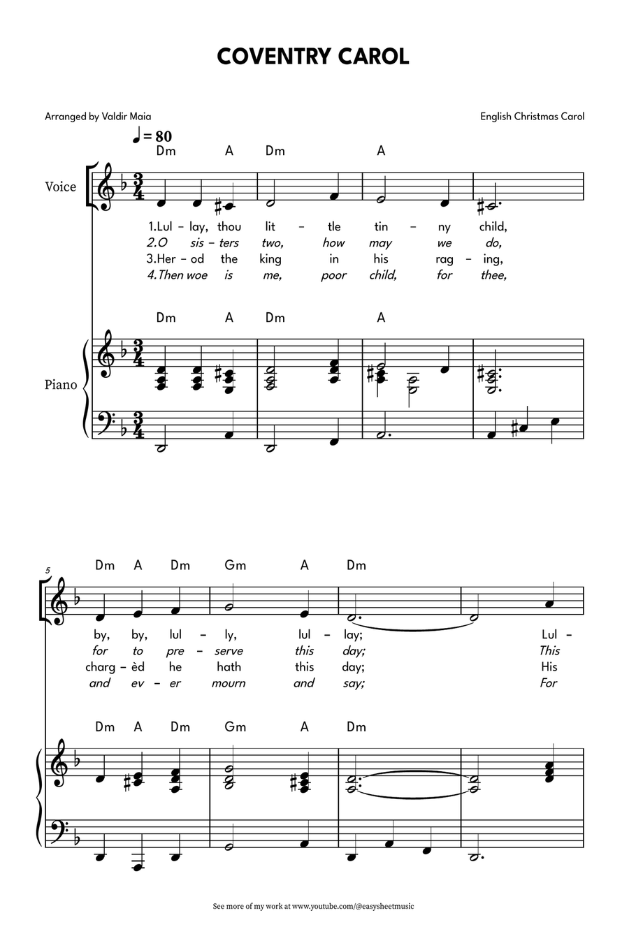 Coventry Carol for Voice and Piano in D Minor Piano, Vocal scores gallery preview page 1