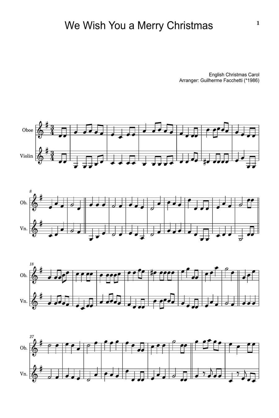 We Wish You a Merry Christmas - Arranged for Oboe and Violin. Chamber Music scores gallery preview page 1