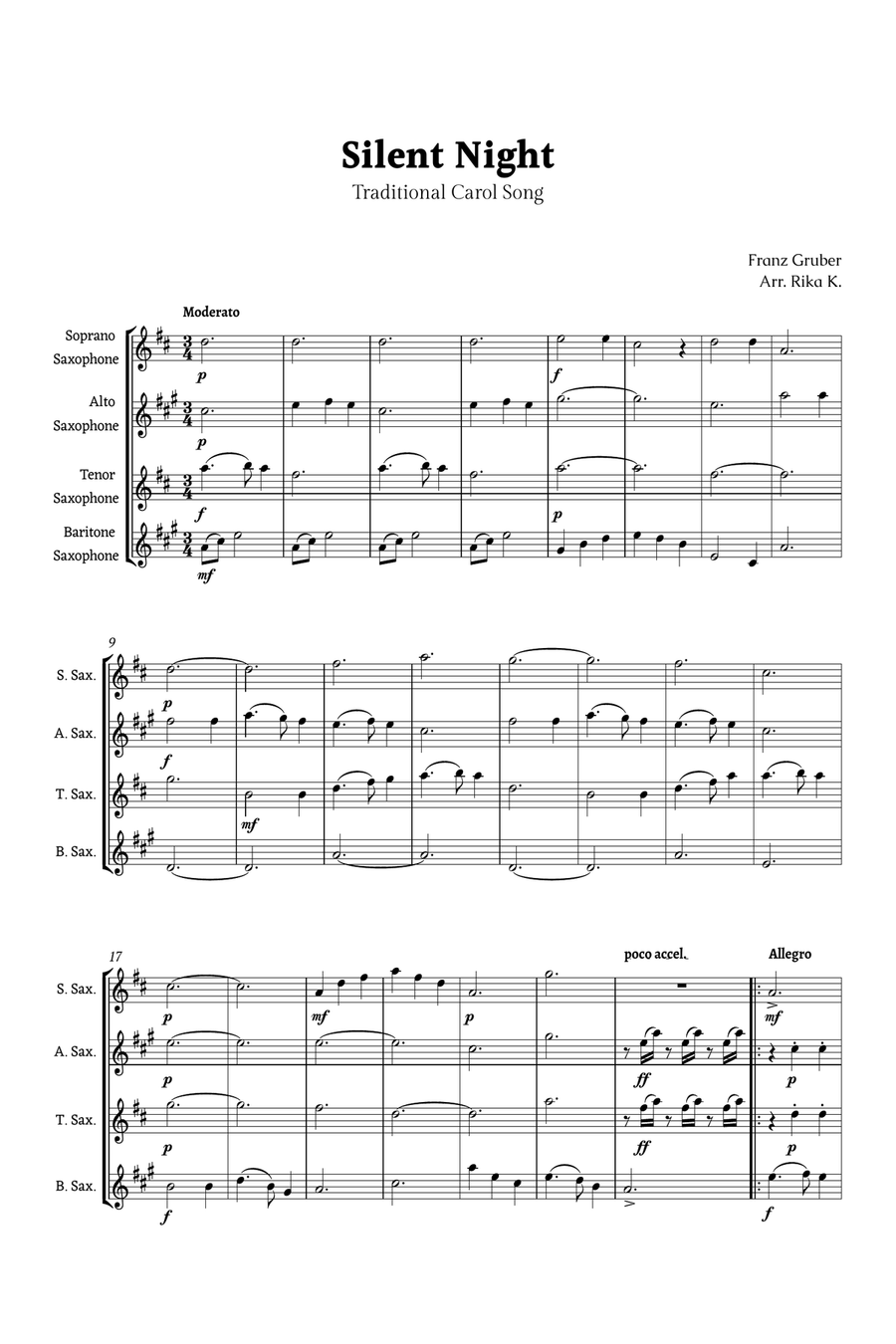 Silent Night for Sax Quartet Saxophone Quartet scores gallery preview page 1