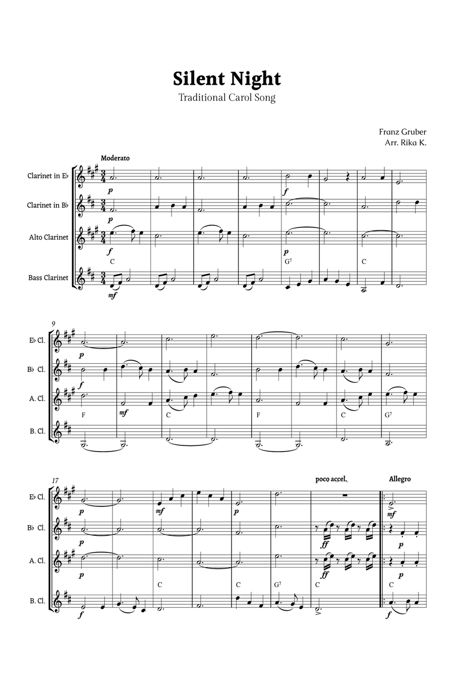 Silent Night for Clarinet Ensemble Quartet Clarinet Quartet scores gallery preview page 1