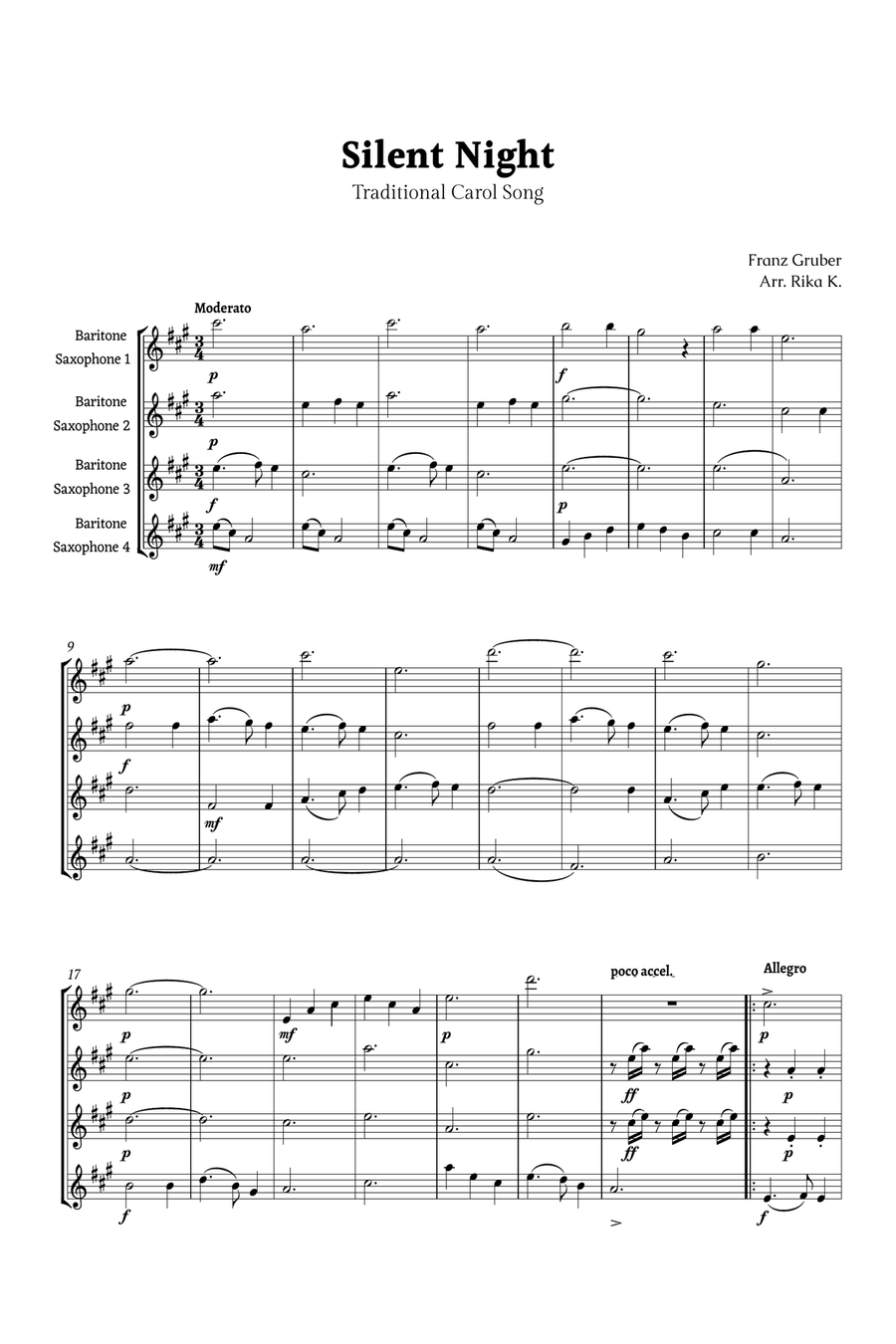 Silent Night for Baritone Sax Quartet Saxophone Quartet scores gallery preview page 1