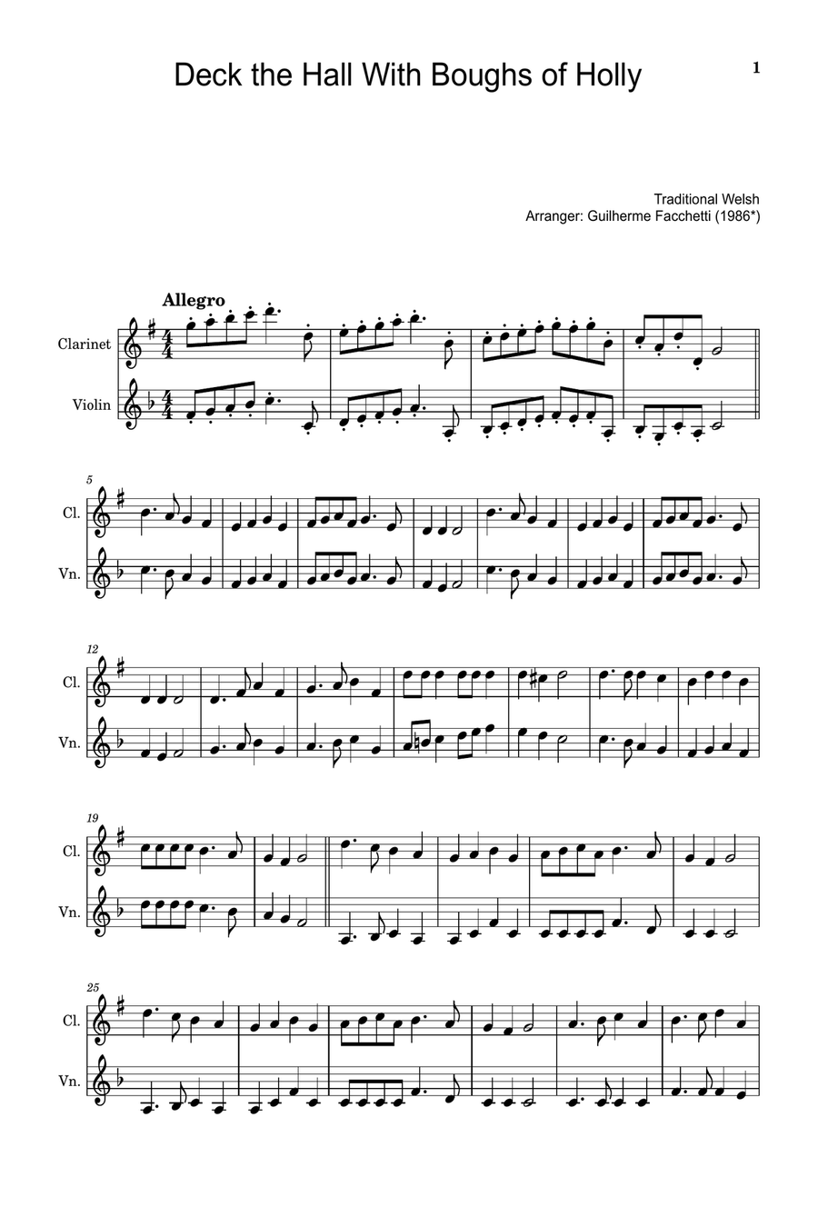 Deck the Hall With Boughs of Holly - Arranged for Clarinet and Violin. Chamber Music scores gallery preview page 1