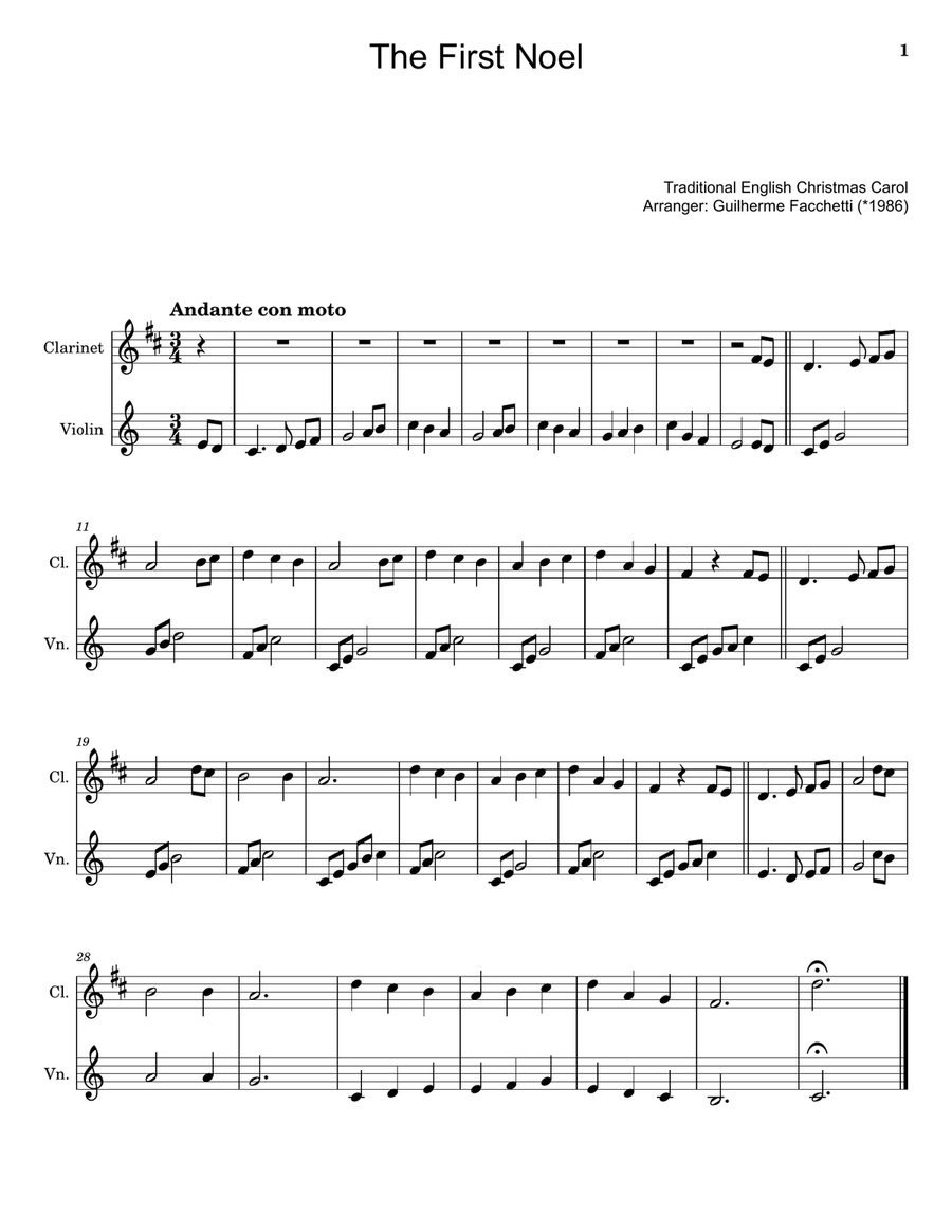 The First Noel - Arranged for Clarinet and Violin. Chamber Music scores gallery preview page 1