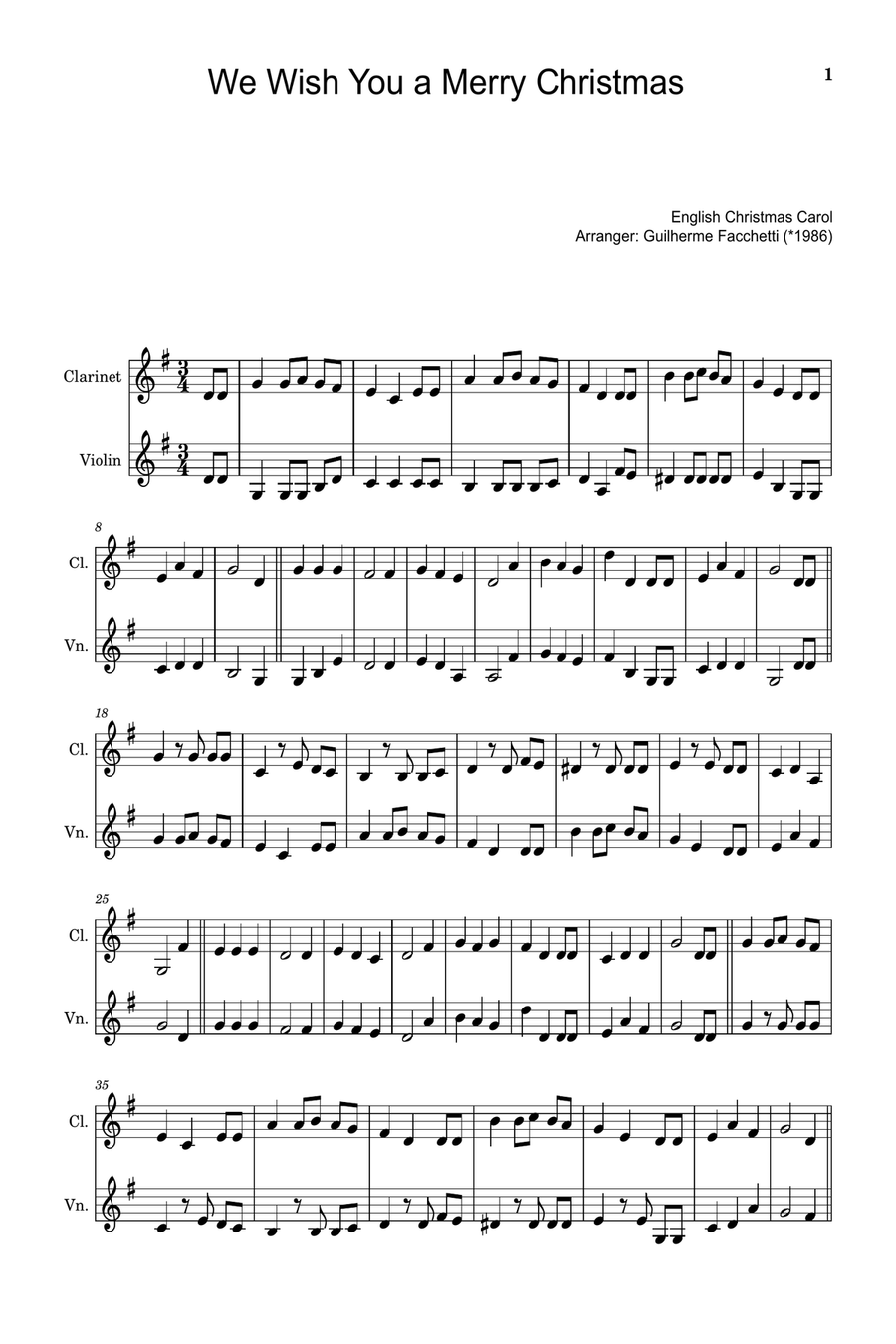 We Wish You a Merry Christmas - Arranged for Clarinet and Violin. Chamber Music scores gallery preview page 1