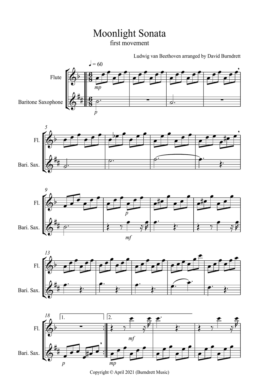 Moonlight Sonata for (1st movement) for Flute and Baritone Saxophone Duet Woodwind Duet scores gallery preview page 1