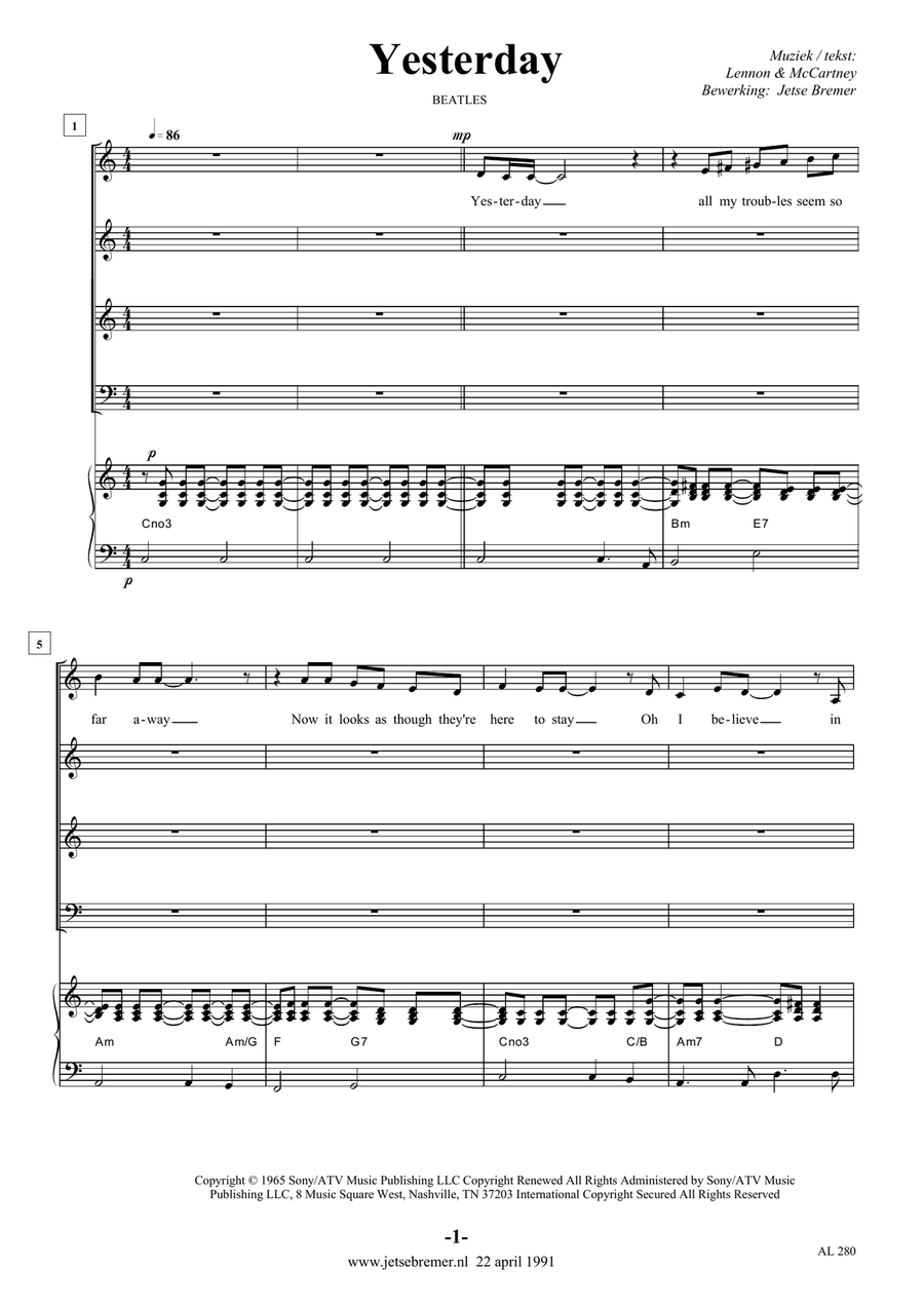 Yesterday Yesterday 4-Part scores gallery preview page 1