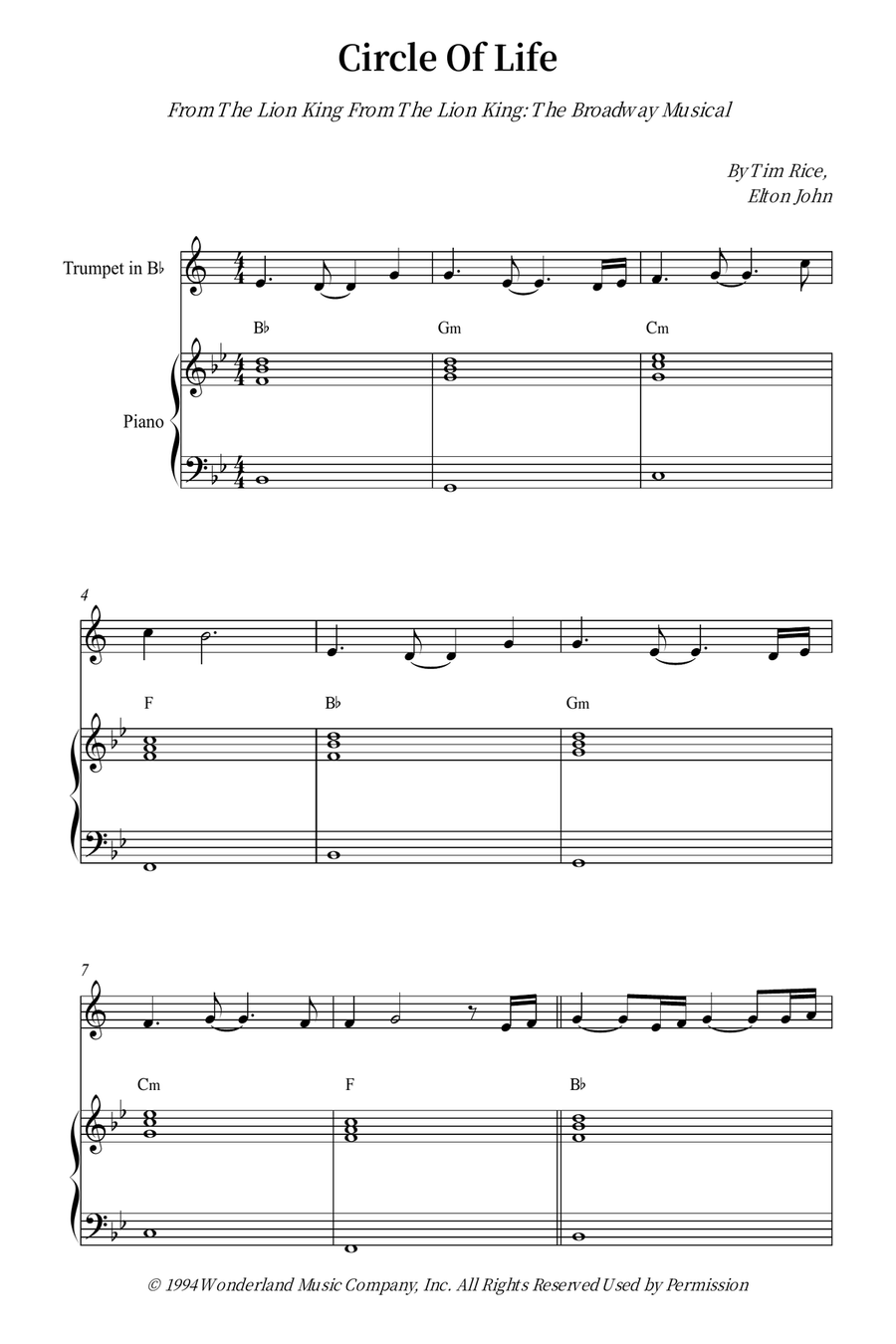 Circle Of Life Circle Of Life B-Flat Trumpet scores gallery preview page 1