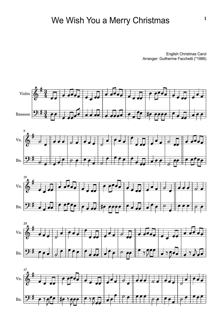 We Wish You a Merry Christmas - Arranged for Violin and Bassoon. Chamber Music scores gallery preview page 1