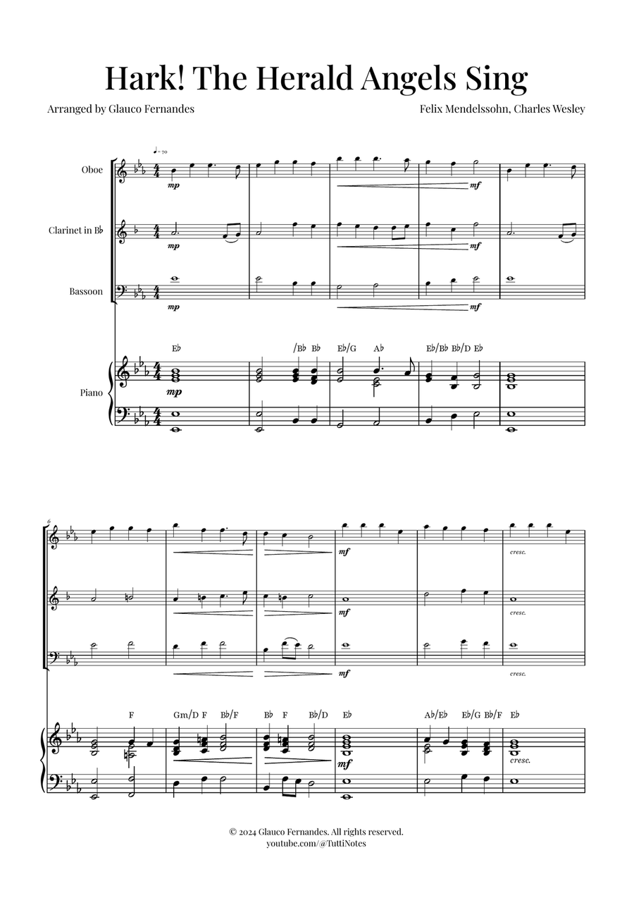 Hark! The Herald Angels Sing Trio Arrangement | Christmas Carol Sheet Music Woodwind Trio scores gallery preview page 1