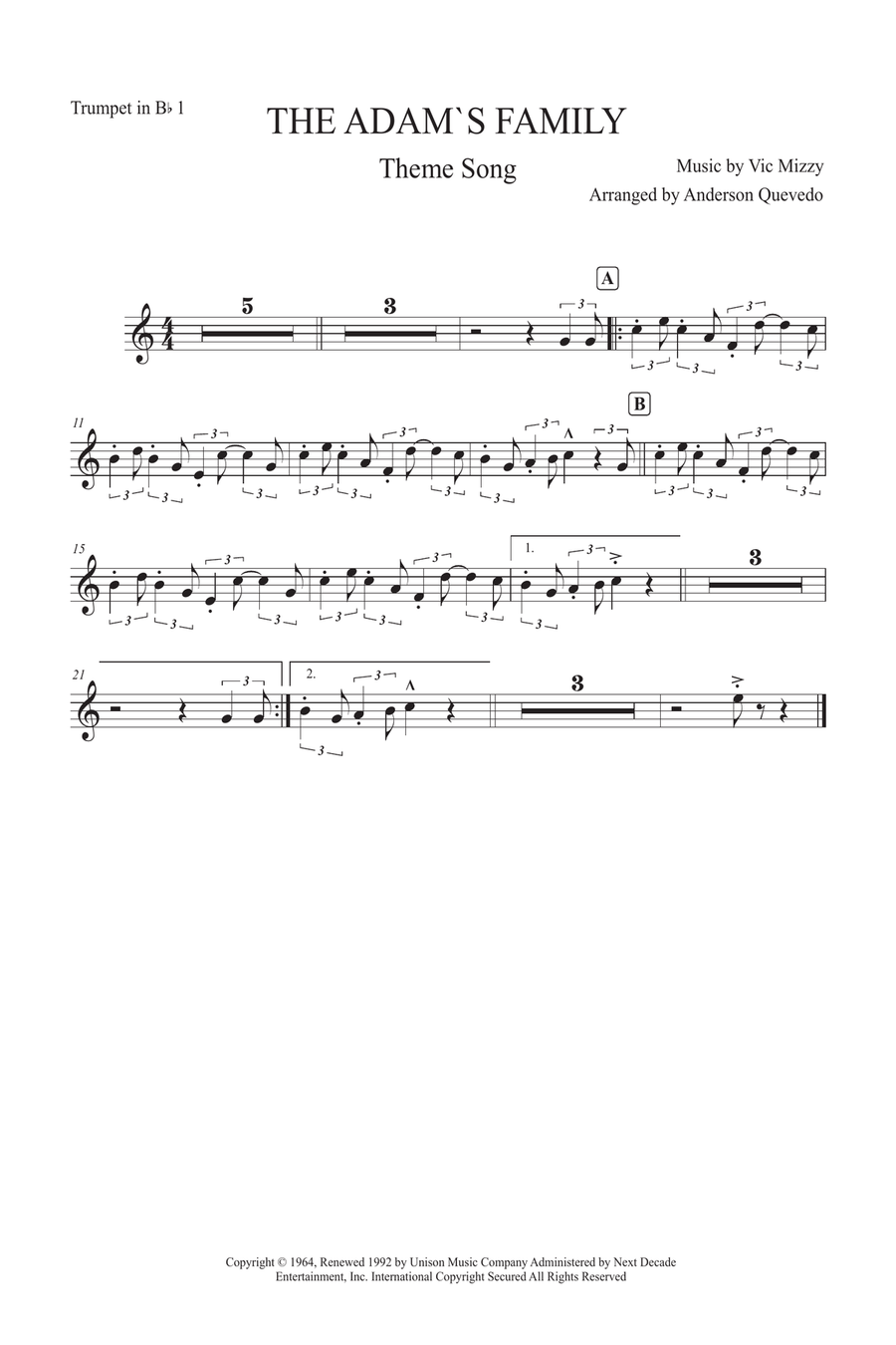 Addams Family Theme Addams Family Theme B-Flat Trumpet scores gallery preview page 1