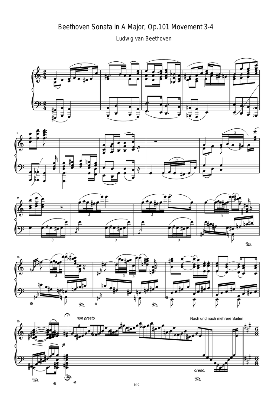 Beethoven Sonata in A Major, Op.101 Movement 3-4 Piano Solo scores gallery preview page 1