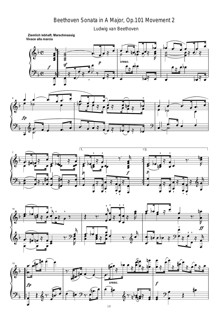 Beethoven Sonata in A Major, Op.101 Movement 2 Piano Solo scores gallery preview page 1
