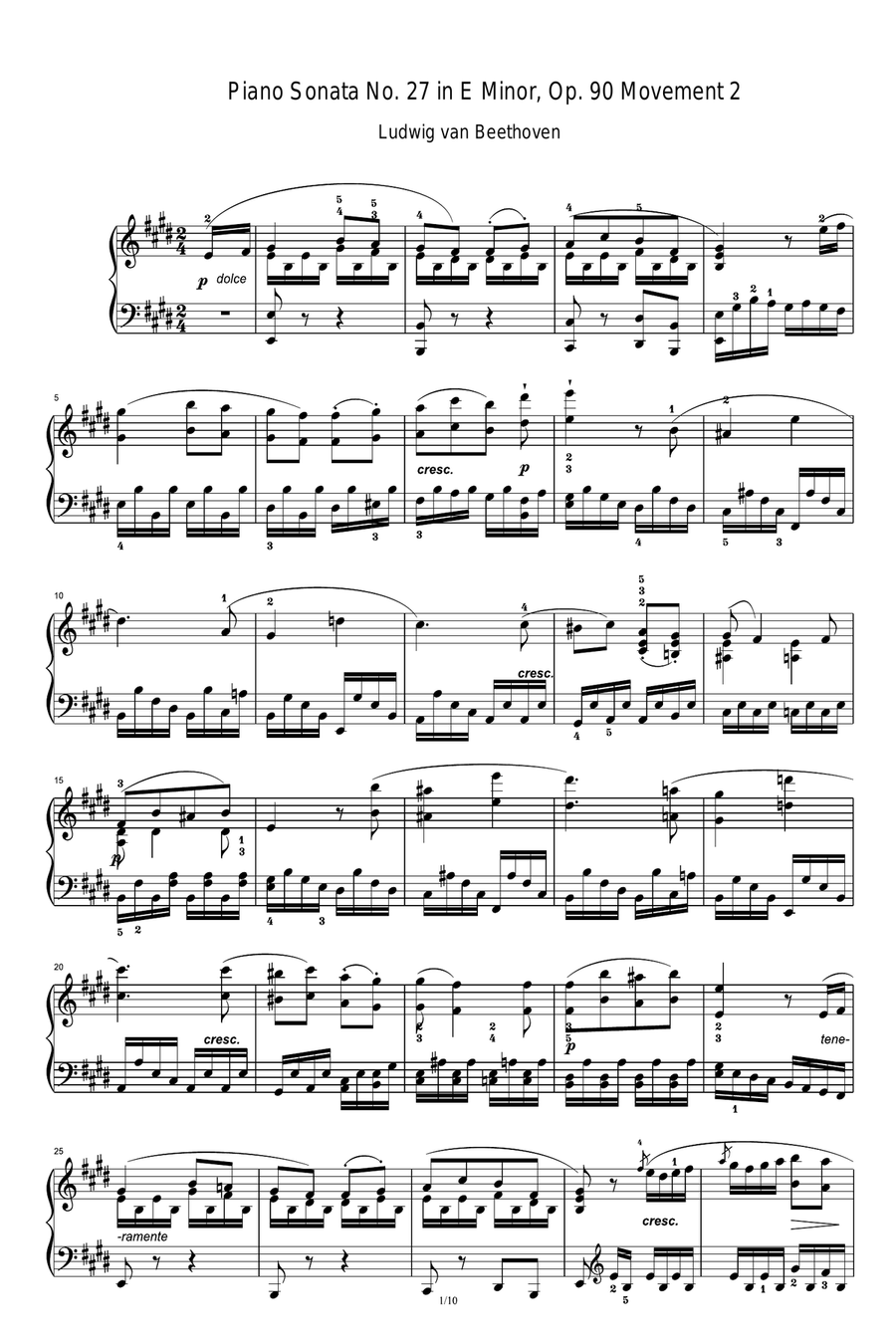 Piano Sonata No. 27 in E Minor, Op. 90 Movement 2 Piano Solo scores gallery preview page 1