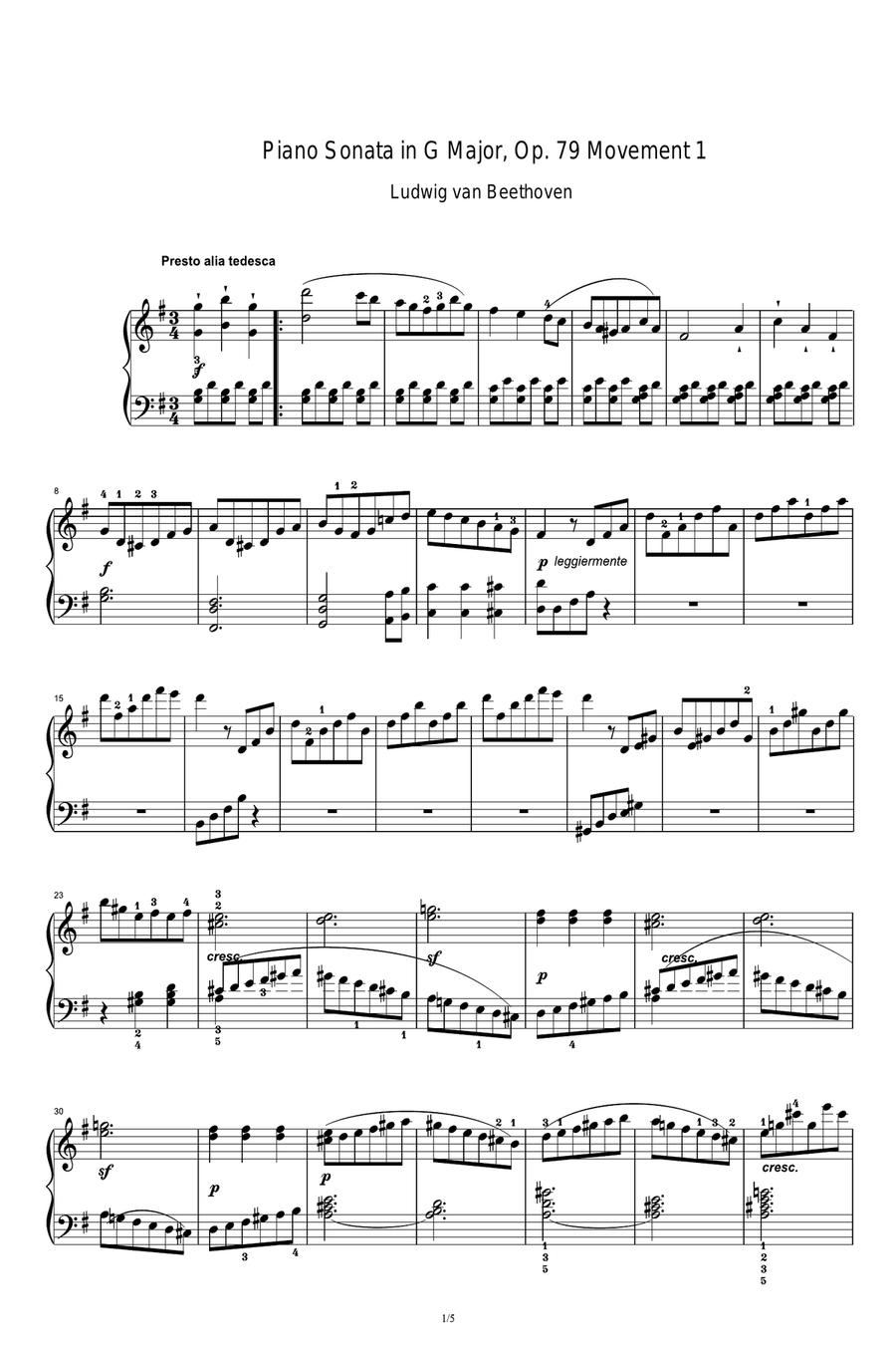 Piano Sonata in G Major, Op. 79 Movement 1 Piano Solo scores gallery preview page 1