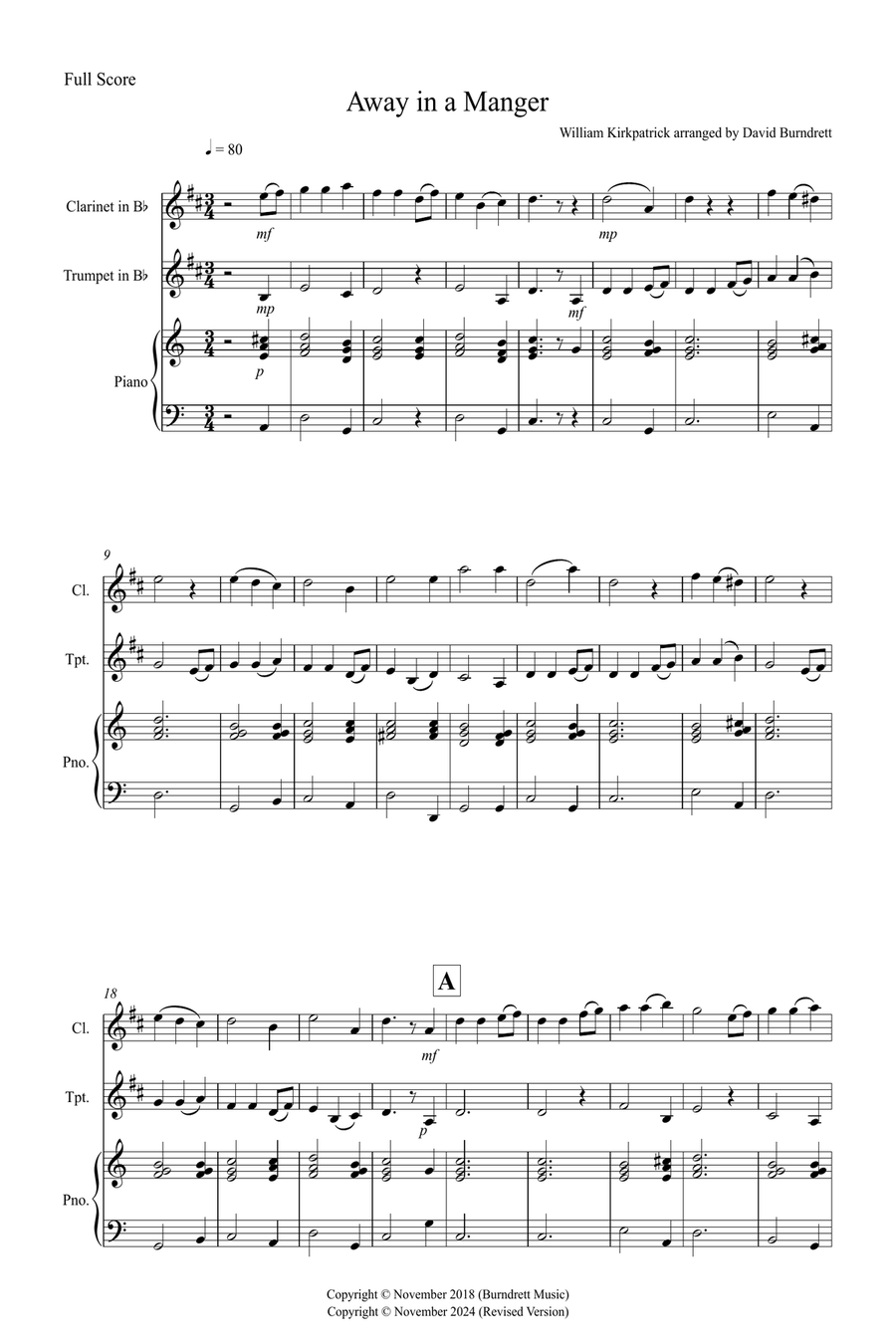 Away in a Manger for Clarinet and Trumpet Duet B-Flat Clarinet scores gallery preview page 1