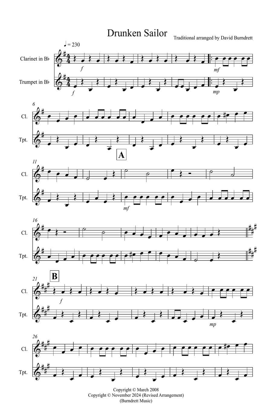 Drunken Sailor for Clarinet and Trumpet Duet B-Flat Clarinet scores gallery preview page 1