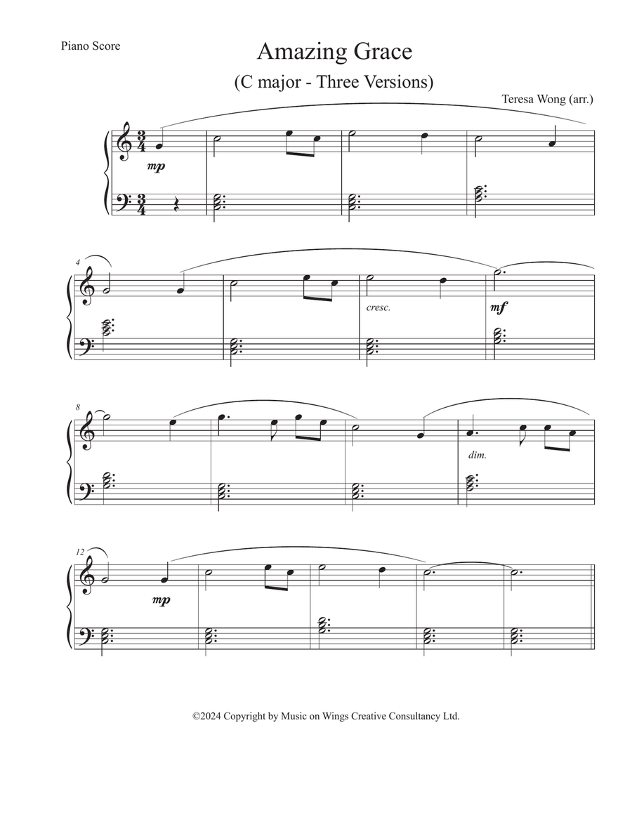 Amazing Grace (in C major - 3 versions) | Piano Arrangement Piano Solo scores gallery preview page 1