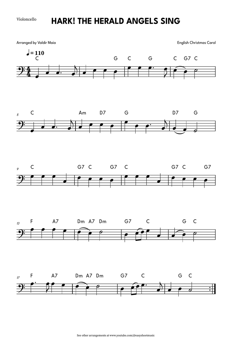 Hark! The Herald Angels Sing - Easy Cello Solo in C Major with Chords Cello Solo scores gallery preview page 1