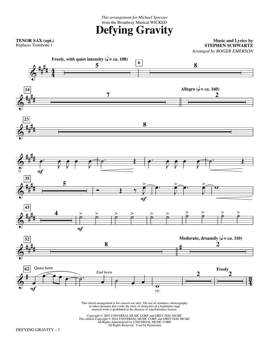 Defying Gravity (from Wicked) (arr. Roger Emerson) - Tenor Sax (sub. Trombone) Choir scores gallery preview page 1
