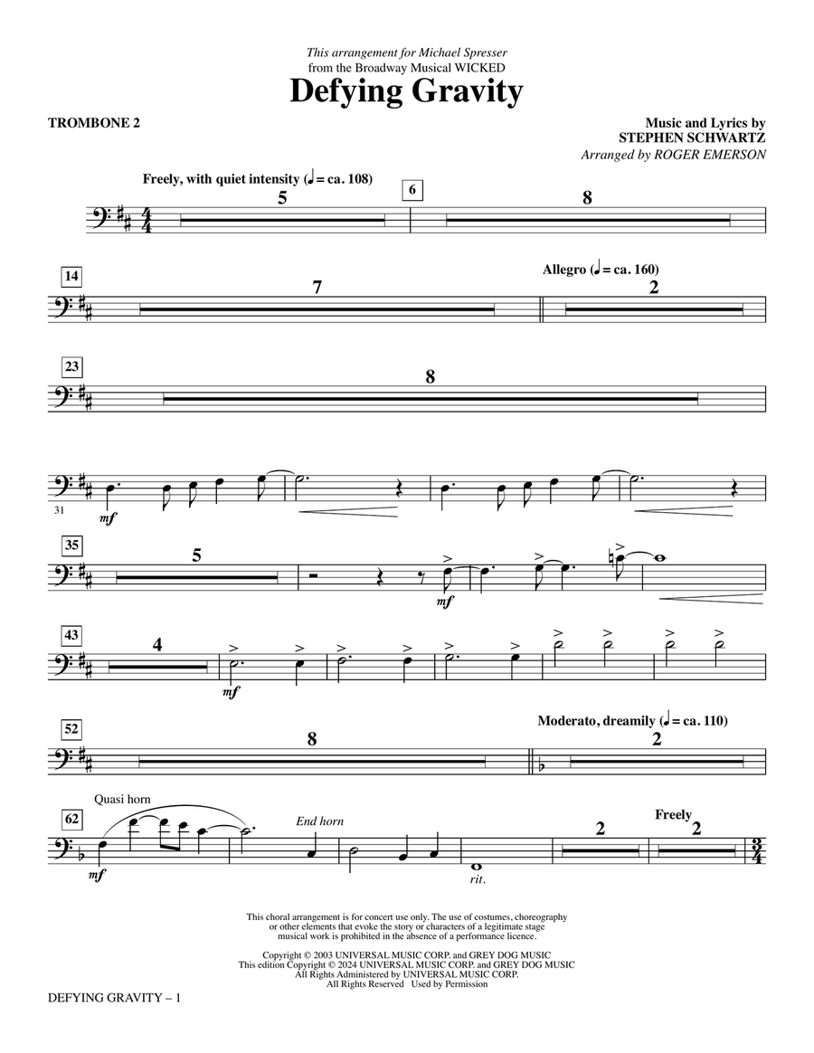 Defying Gravity (from Wicked) (arr. Roger Emerson) - Trombone 2 Choir scores gallery preview page 1