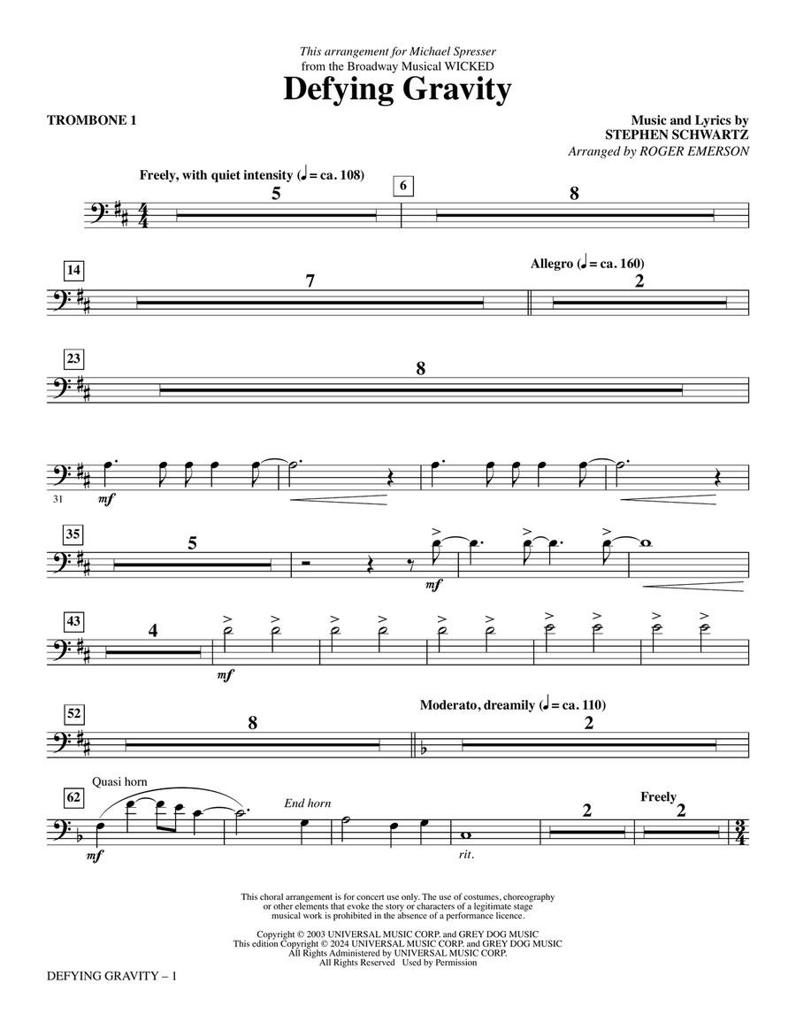 Defying Gravity (from Wicked) (arr. Roger Emerson) - Trombone 1 Choir scores gallery preview page 1